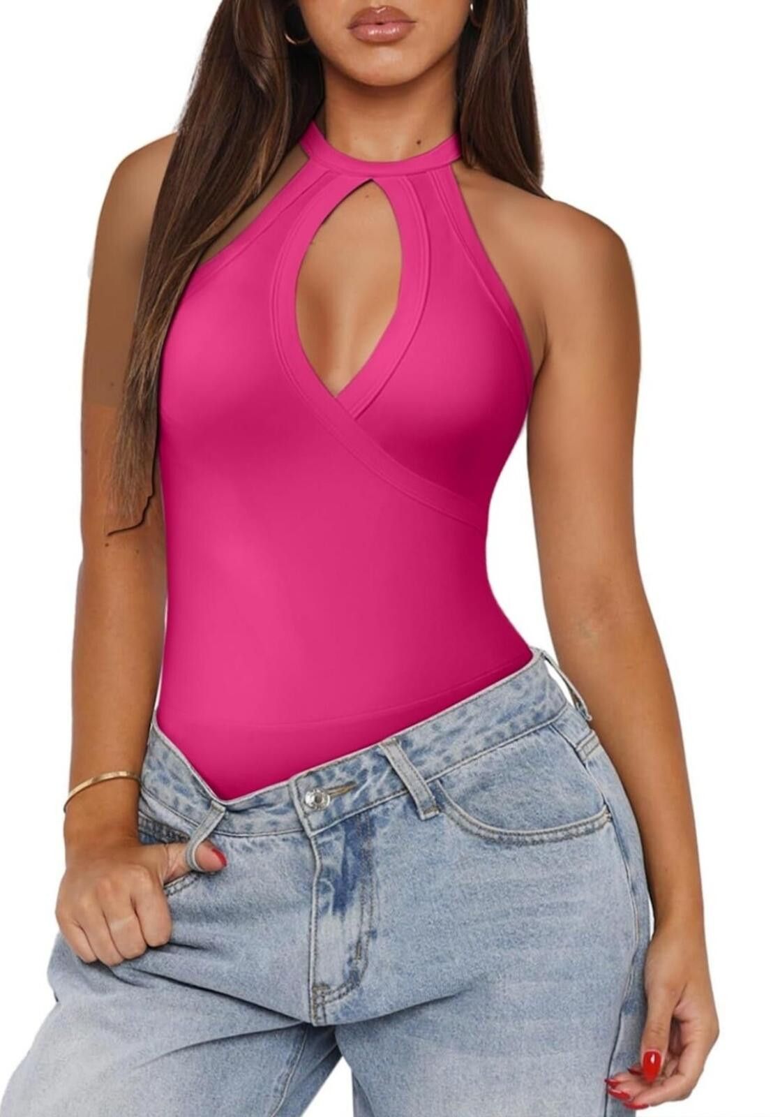 FRONTEER Ekaliy Women's Hot Pink Sleeveless Cutout Bodysuit Small Size 28" / US 6 / IT 42 - 3 Thumbnail