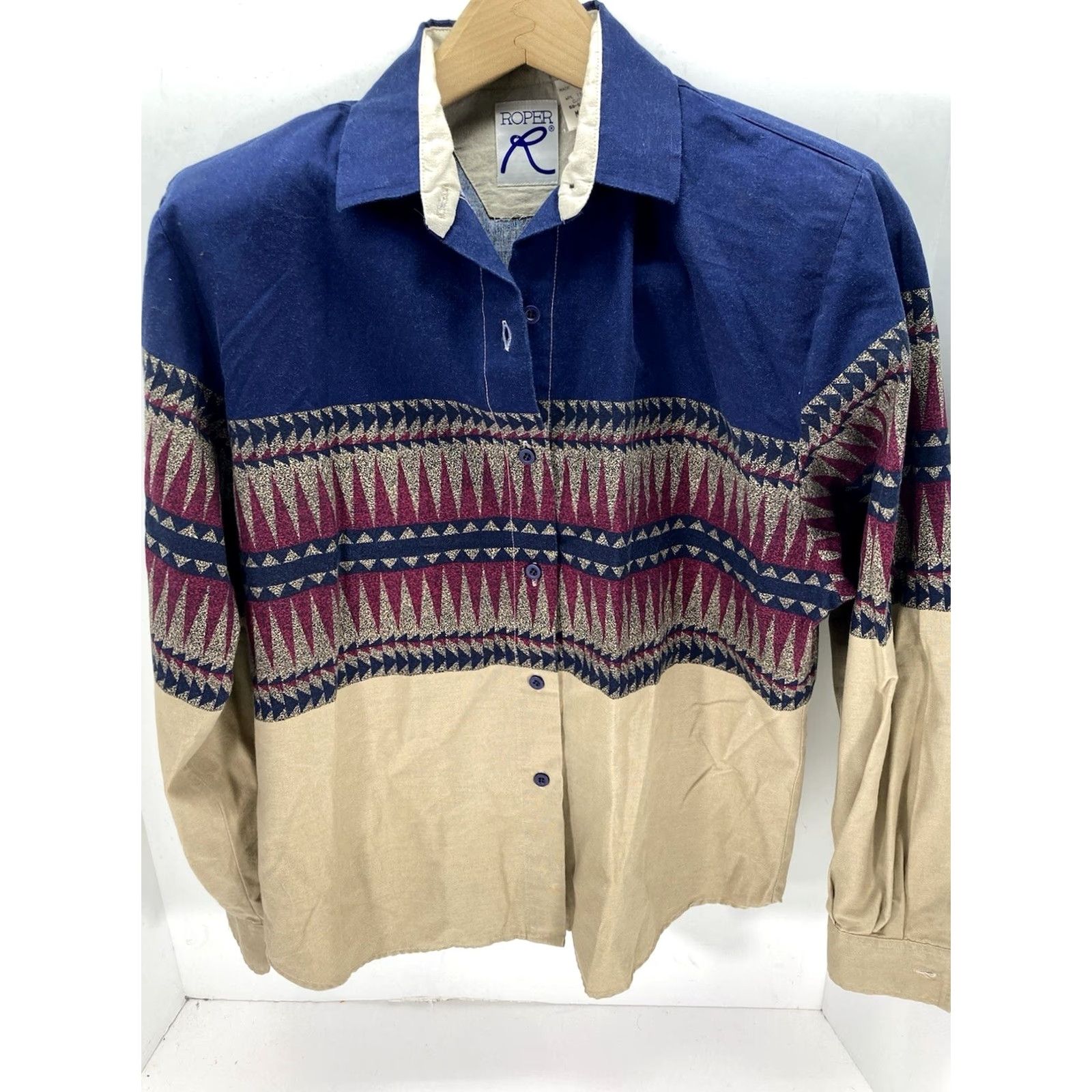 Roper VINTAGE Roper Aztec Western Shirt Women Medium Beige Blue Long Sleeve Button-Up Mens? (Note: Please replace with correct gender if needed) Size M / US 6-8 / IT 42-44 - 2 Thumbnail