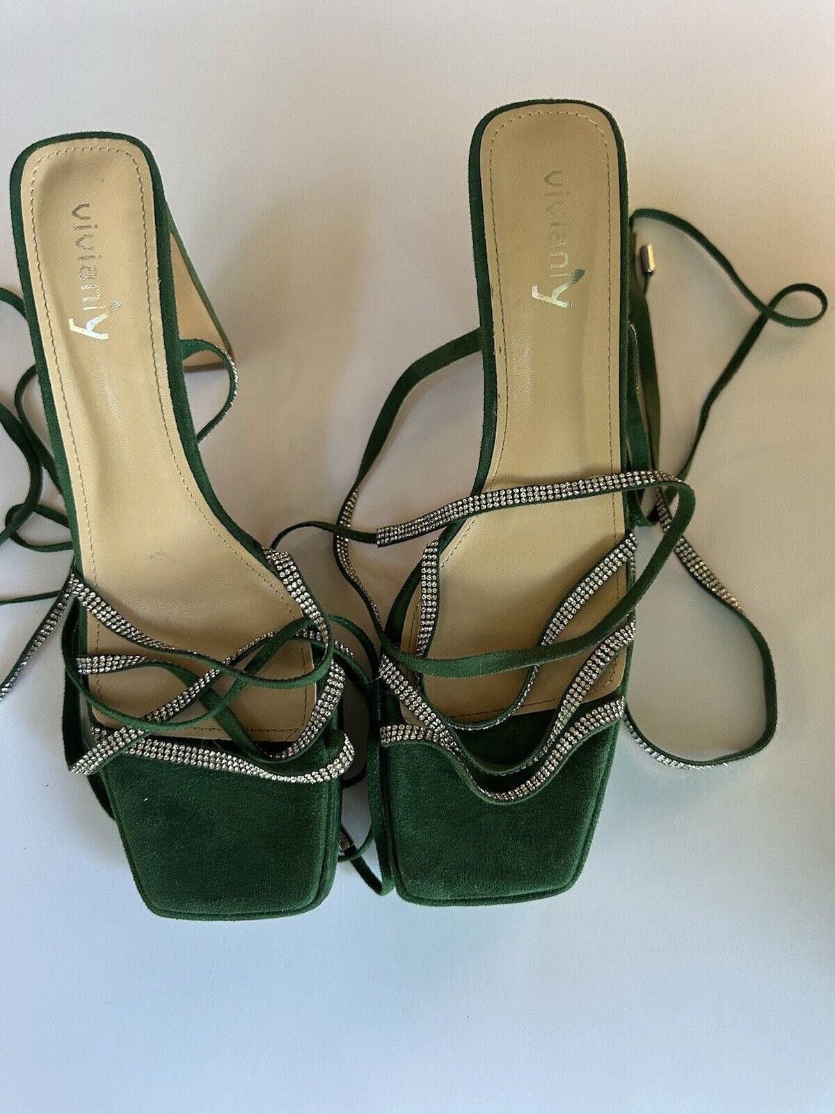 Designer Womens Lace Up 9.5 Strap Up Heels Vivianly Green Embellished Size US 9.5 / IT 39.5 - 2 Thumbnail