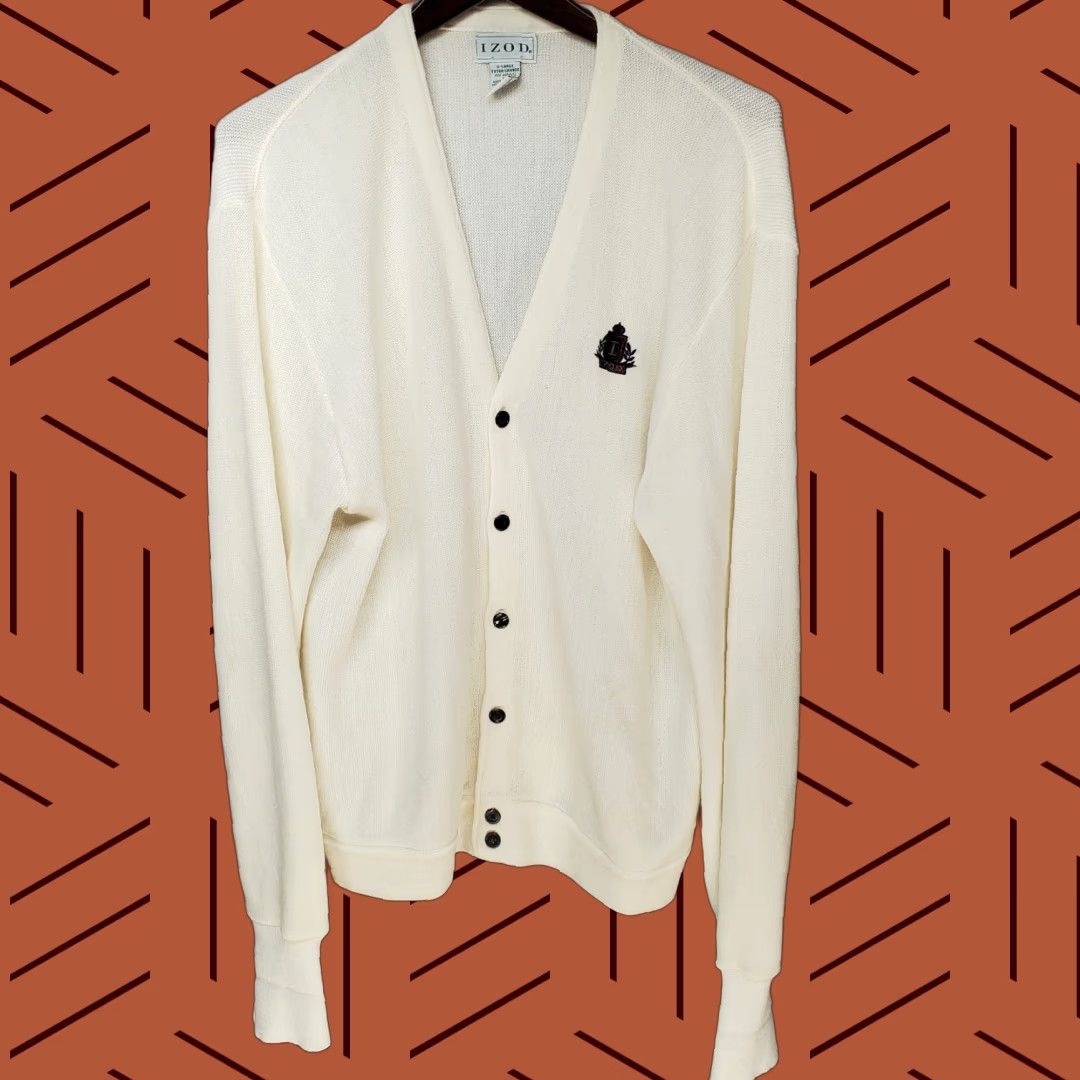 VINTAGE IZOD Golf Sweater Cardigan XL Men 90s White V-Neck Button Knit