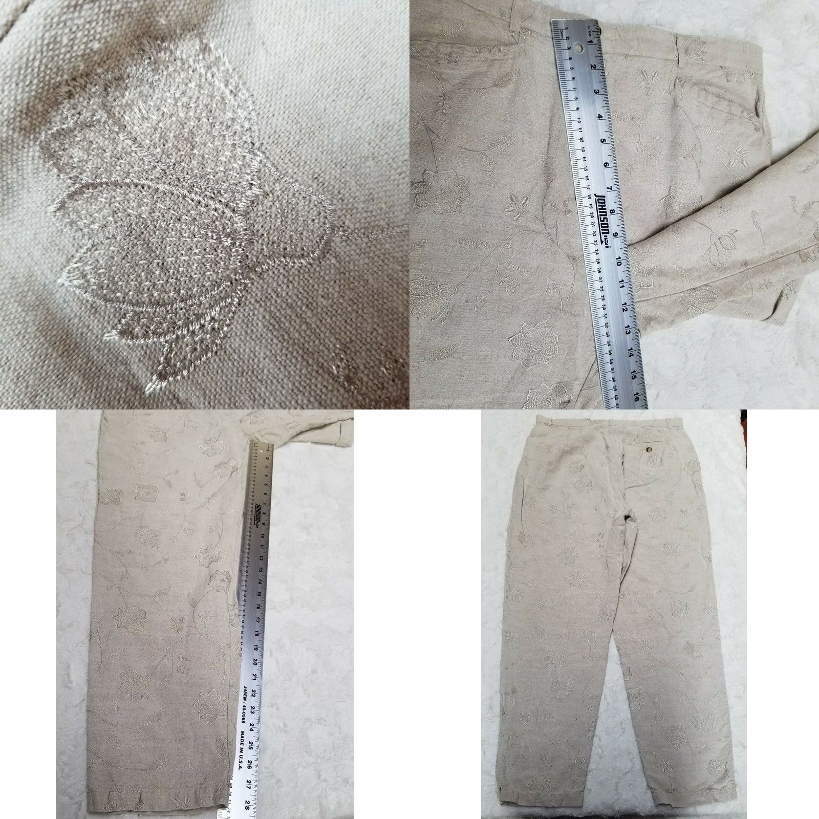 Talbots Talbots Womens Irish Linen Blend High Rise Pants 14 Embroidered Straight Leg Beige Floral Pocketed Size 36" / US 14 / IT 50 - 8 Thumbnail