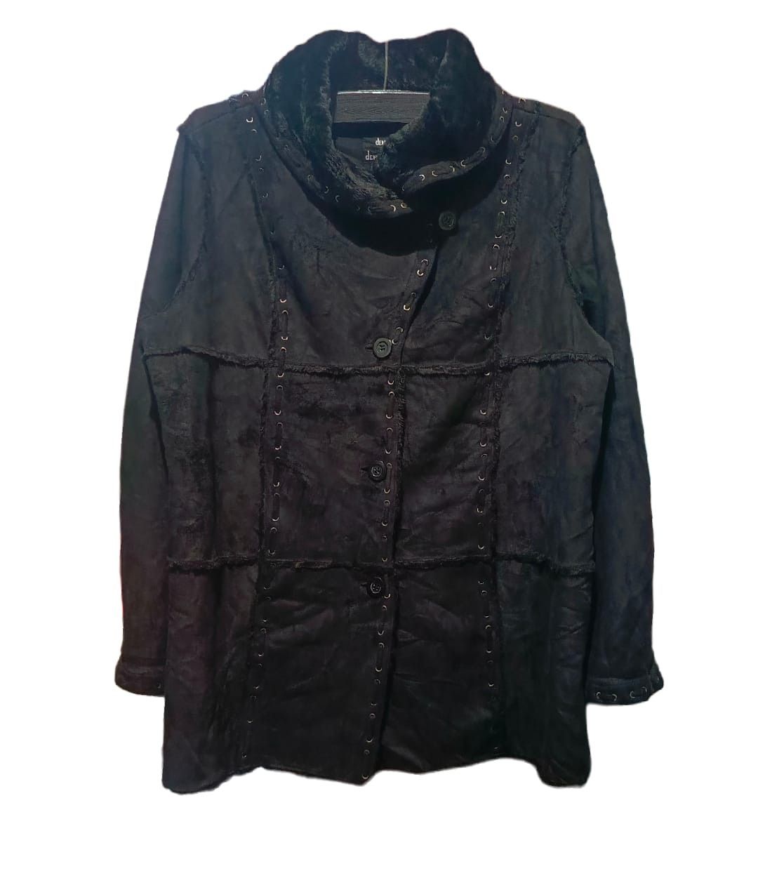 image of 14Th Addiction x Kmrii Dennis Basso~ Crazy Fur Embroidered Suede Leather Coat in Black (Size XL)