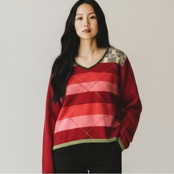 Express Vintage Express Wool Red and Pink Sweater with Plaid Accents Size M / US 6-8 / IT 42-44 - 1 Thumbnail