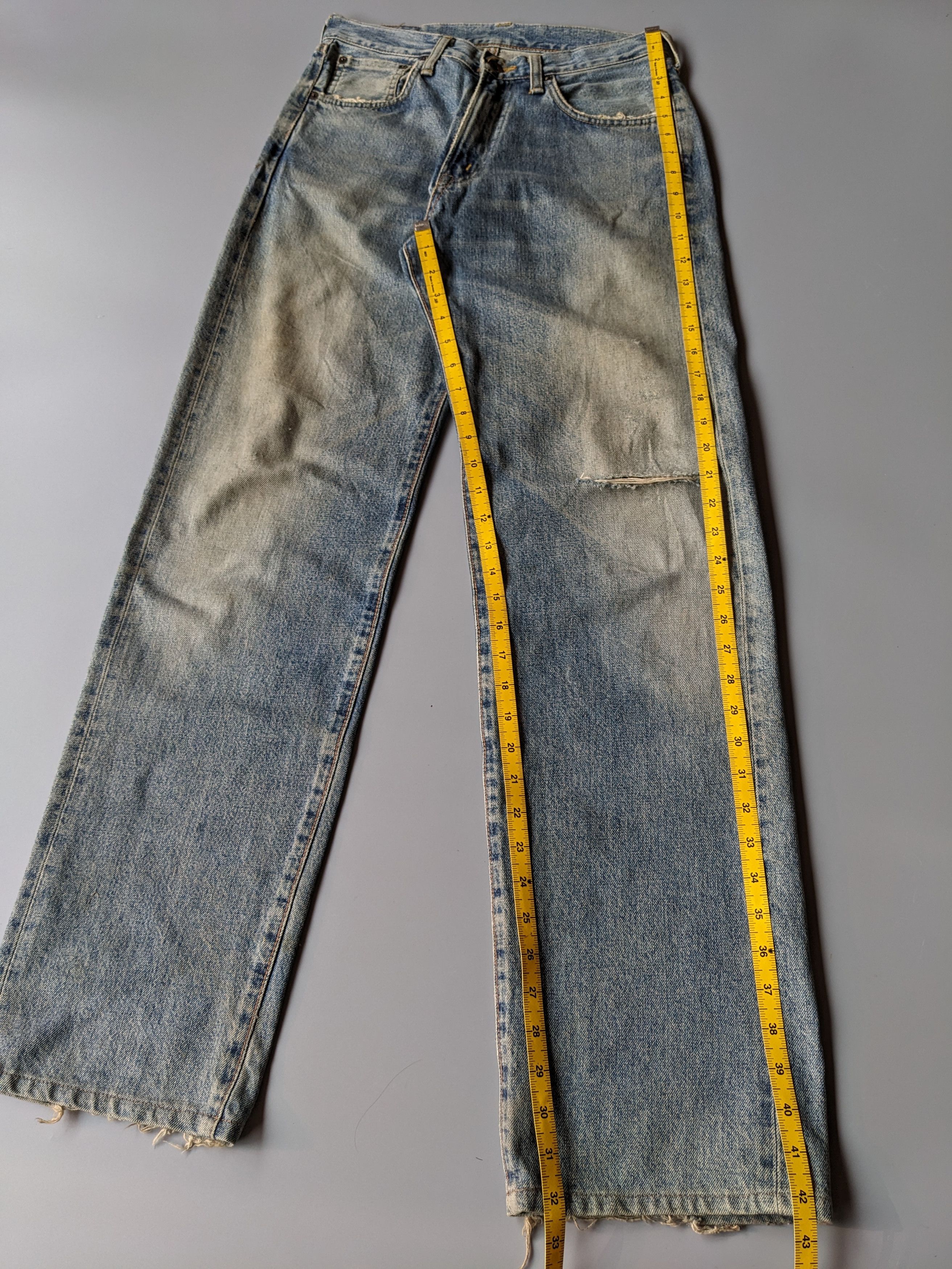 Edwin 505x faded blue distressed selvedge jeans