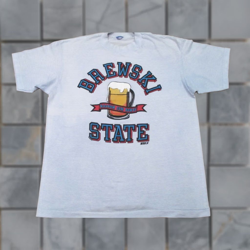 Vintage VINTAGE BREWSKI STATE MAGNA CUM ROWDY T-Shirt MEDIUM beer cartoon single stitch Mens 80s Size US M / EU 48-50 / 2 - 1 Thumbnail