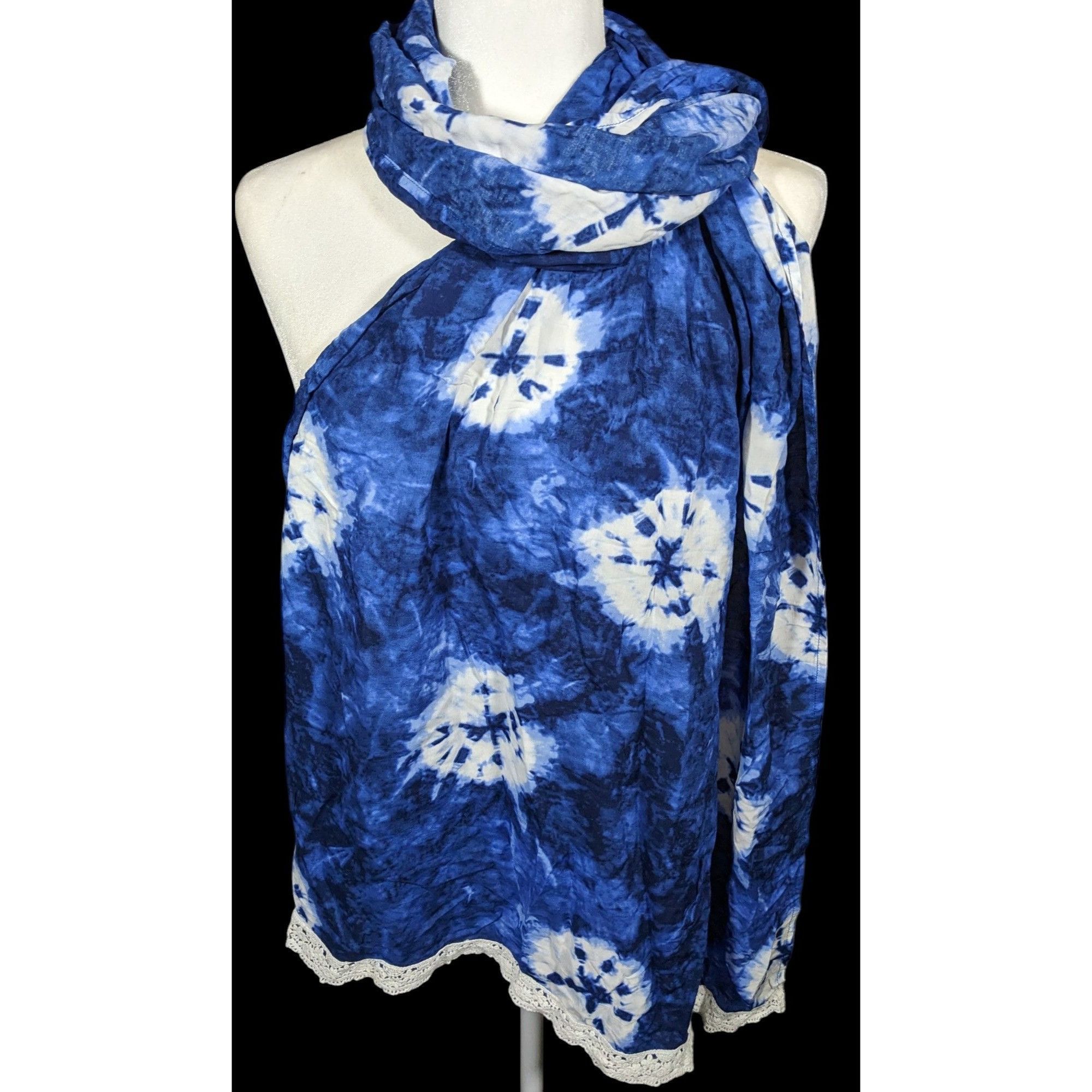 Other Bohemian Floral Blue And White Tie Dye Scarf With Lace Trim Size ONE SIZE - 1 Thumbnail