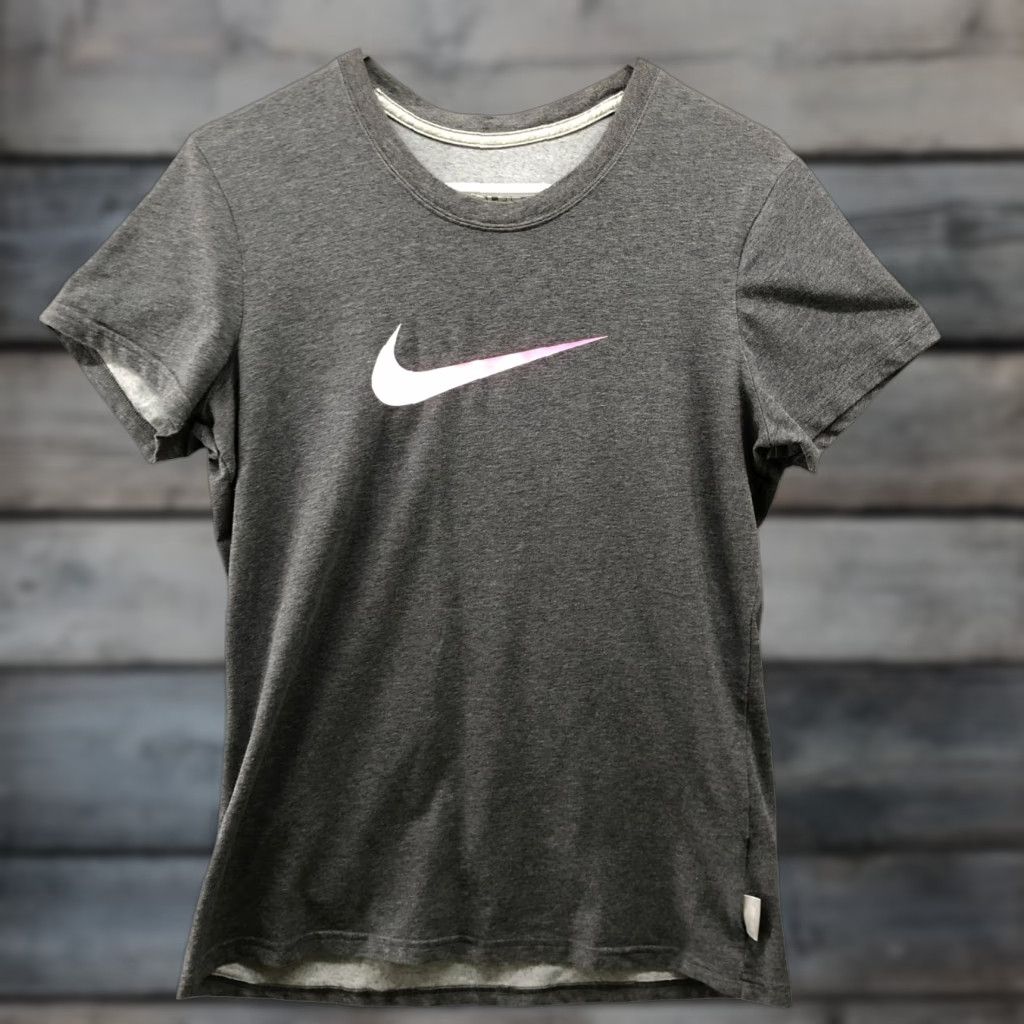 Nike Nike Dri-Fit T-Shirt Women's L Short Sleeve Crewneck Gray Pink Swoosh Logo Size 36" / US 14 / IT 50 - 1 Thumbnail
