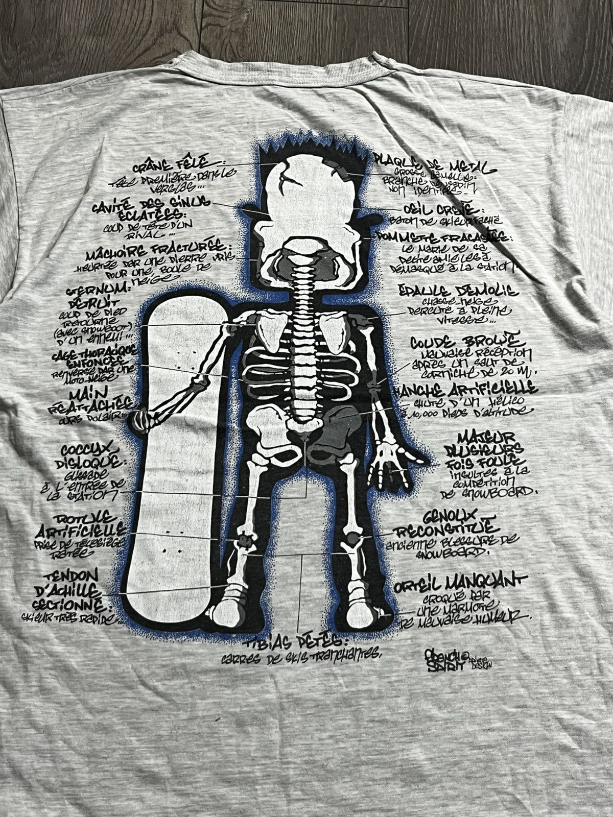 Vintage 90s French Spirit Archive Snowboard Skeleton Anatomy T-Shirt Size US L / EU 52-54 / 3 - 8 Thumbnail