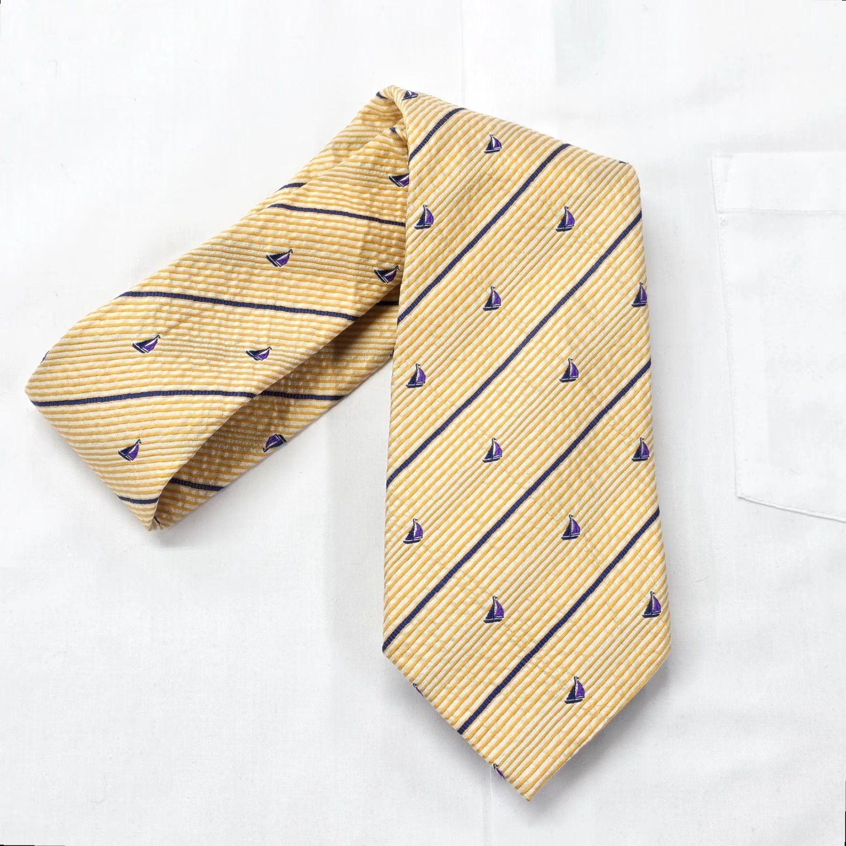 Vintage Paul Fredrick Necktie Mens Yellow Designer Tie Sail Boats Striped Preppy 59" X 3.75" Silk Tie Mens Size ONE SIZE - 7 Thumbnail