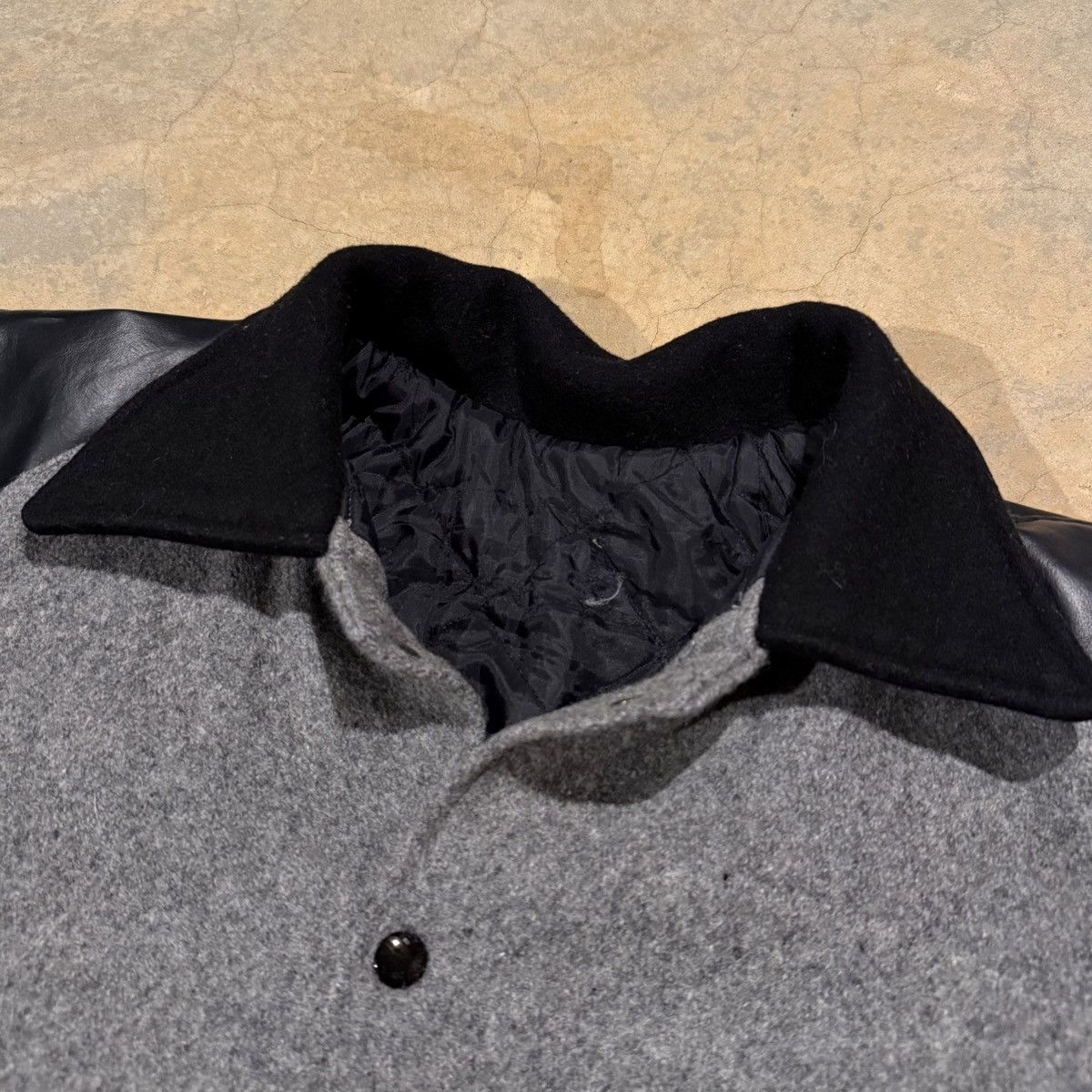 Vintage Vintage 1990s Wool Leather Varsity Jacket Black Grey ERD Size US L / EU 52-54 / 3 - 4 Thumbnail
