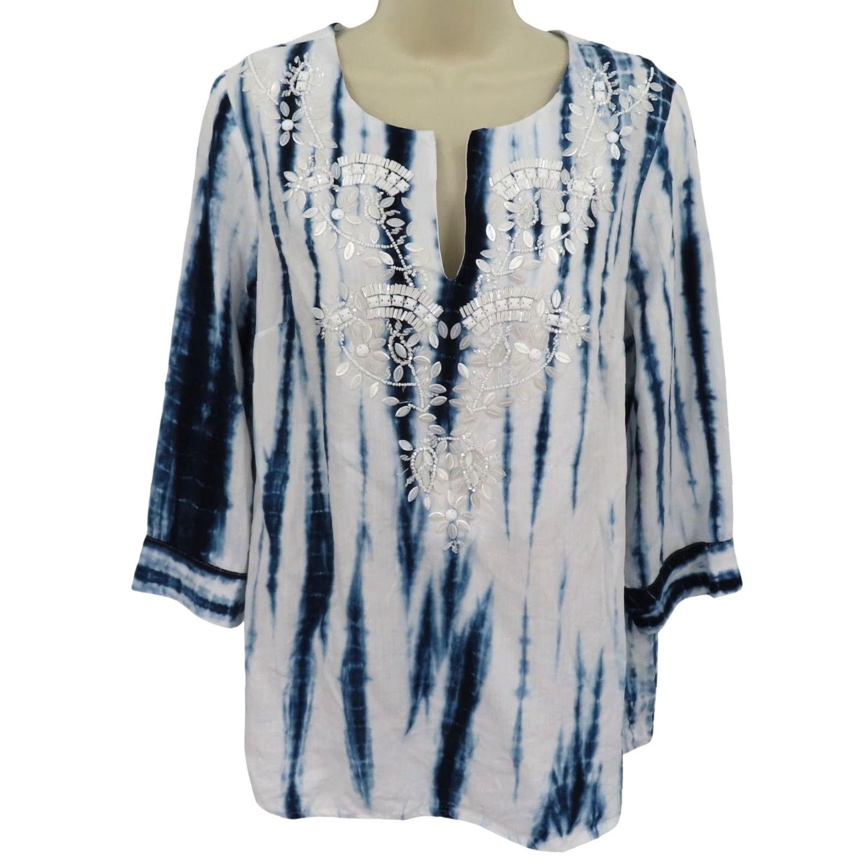Soft Surroundings Soft Surroundings Blouse Tunic Women M Blue White Tie Dye Beaded Shirt Top Size M / US 6-8 / IT 42-44 - 2 Thumbnail