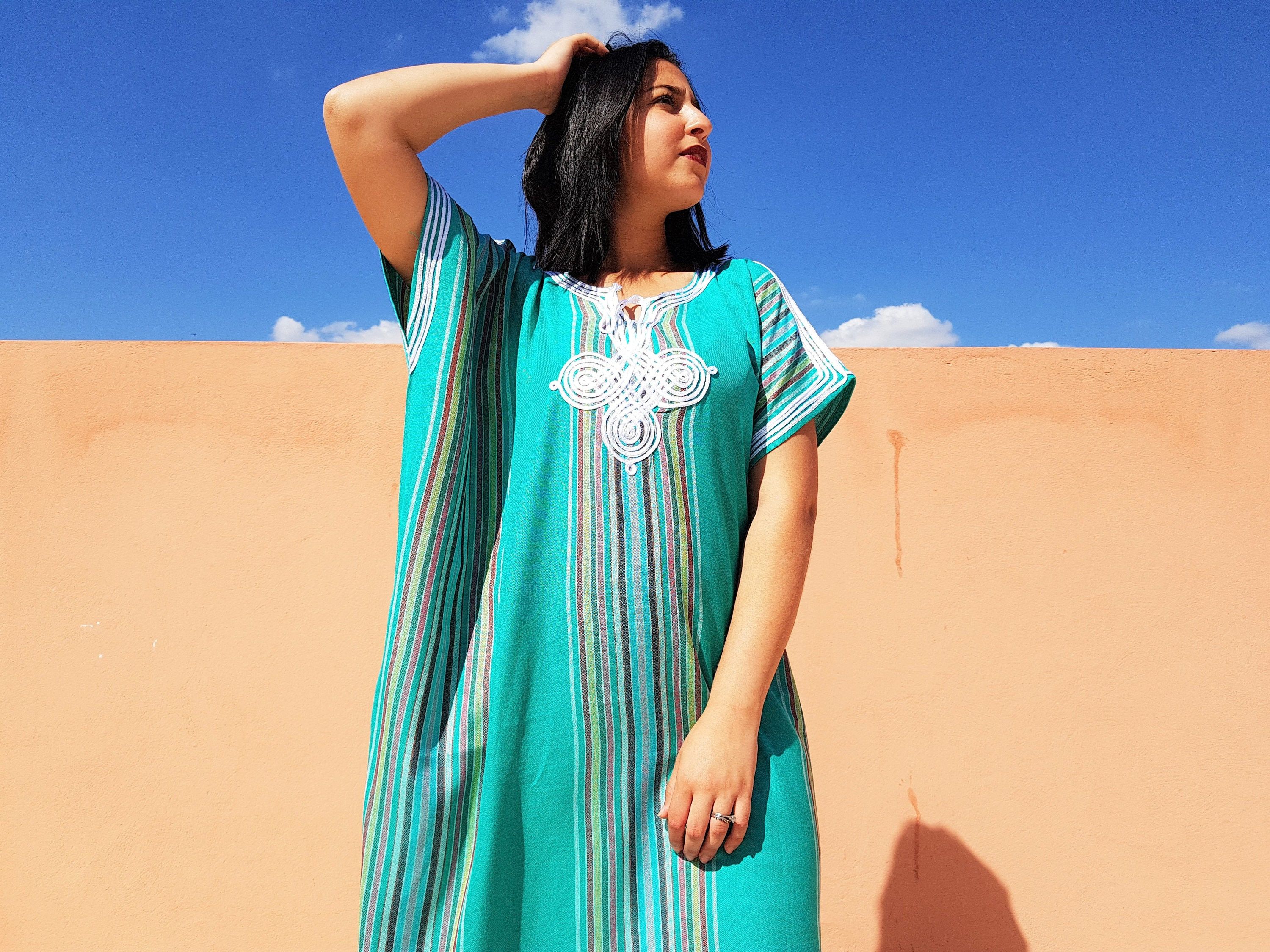 Designer × Handmade Cute Light Blue Moroccan Kaftan Size ONE SIZE - 2 Thumbnail