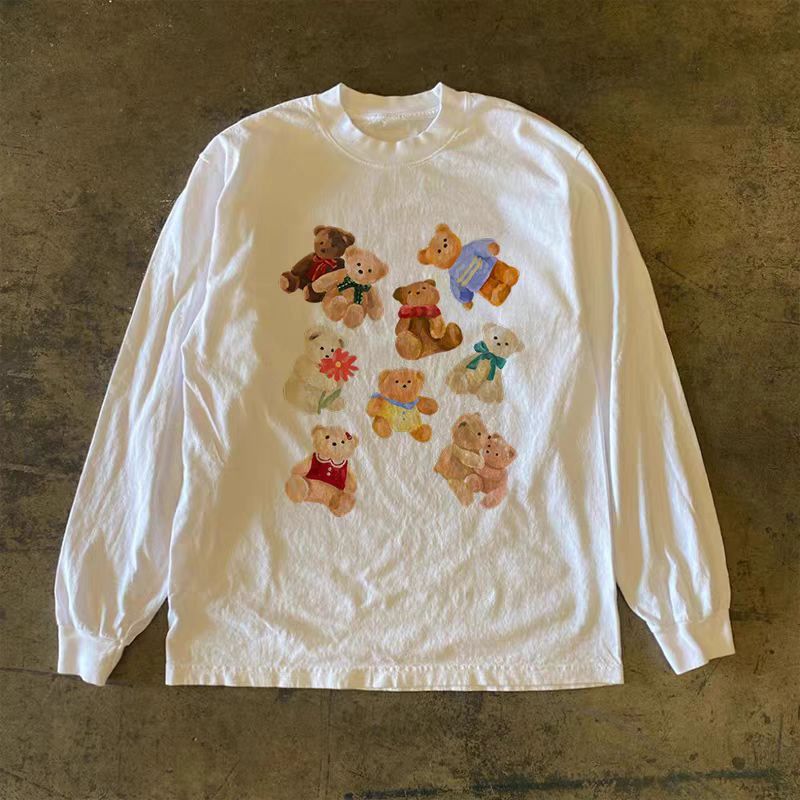 Vintage White retro casual cartoon bear print long-sleeved t-shirt Size US M / EU 48-50 / 2 - 1 Thumbnail
