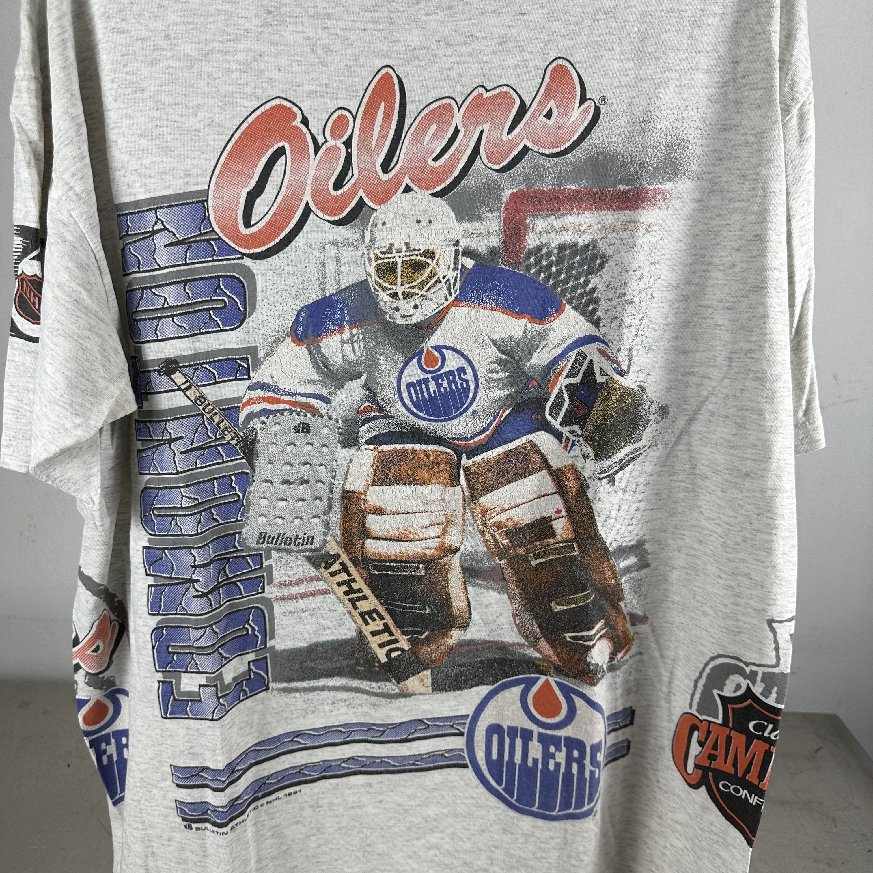 Vintage 1991 Edmonton Oilers Bulletin Athletic NHL AOP T-shirt Size US XL / EU 56 / 4 - 2 Thumbnail