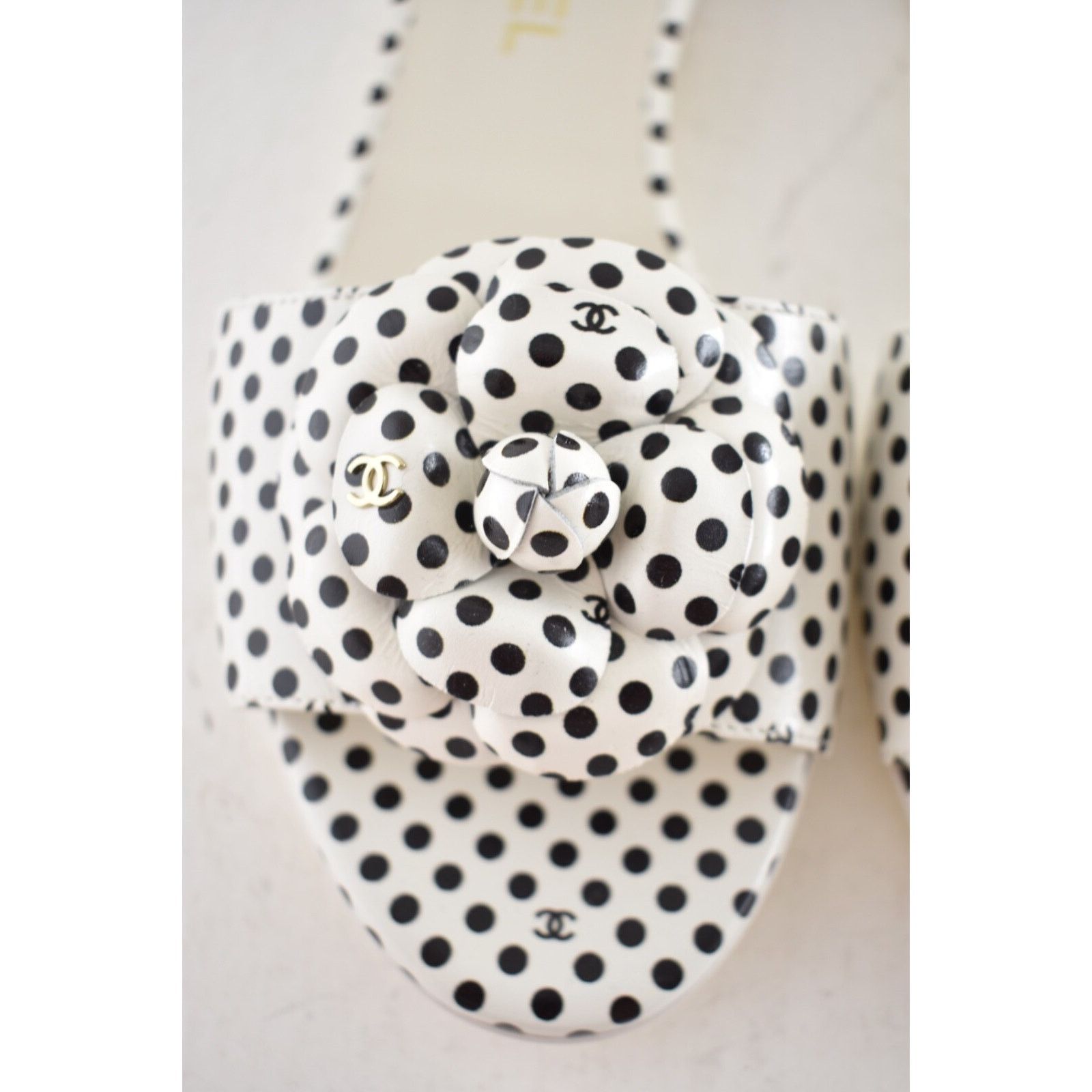 Chanel Chanel 24P Black White Camellia Flower Polka Dot CC Logo Size US 8 / IT 38 - 10 Thumbnail