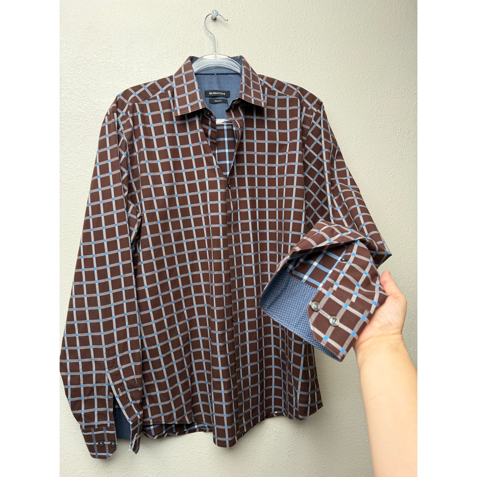 BUGATCHI Bugatchi Plaid Button Front Long Sleeve Shirt L Blue Brown Size US L / EU 52-54 / 3 - 1 Thumbnail