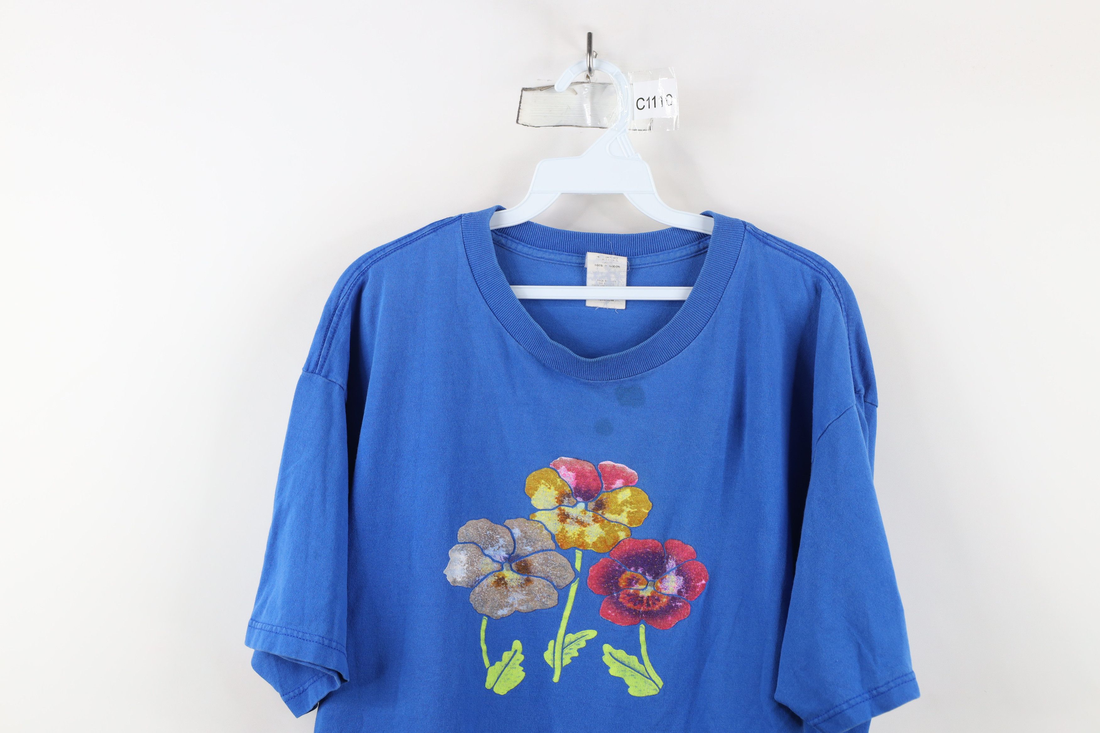 Vintage Vintage 90s Streetwear Distressed Flower Floral T-Shirt Blue Size XXL / US 16-18 / IT 52-54 - 2 Thumbnail