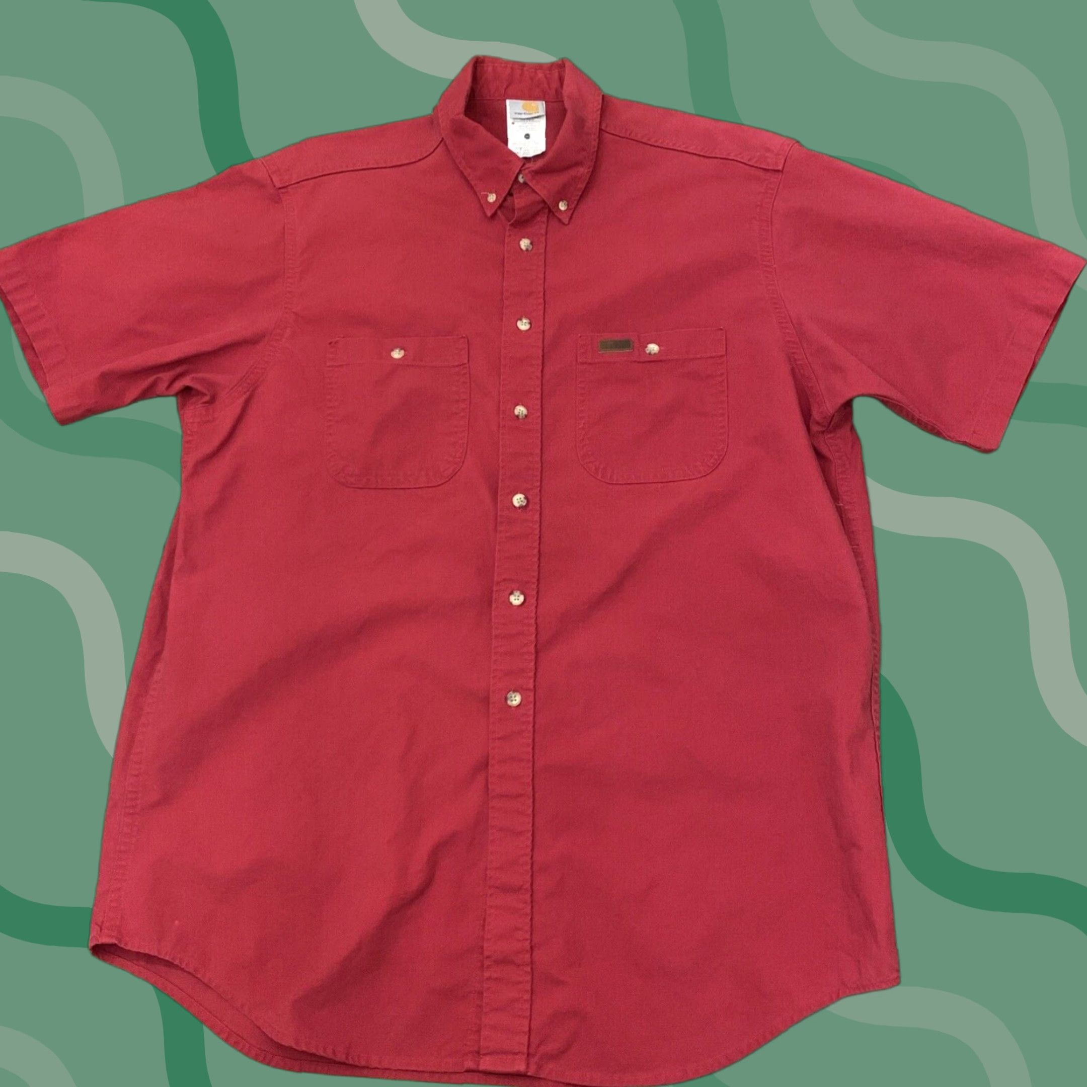 Carhartt VINTAGE Carhartt Button-Up Shirt Red Solid Short Sleeve Cotton Adult Large Classic Mens Size US L / EU 52-54 / 3 - 1 Thumbnail