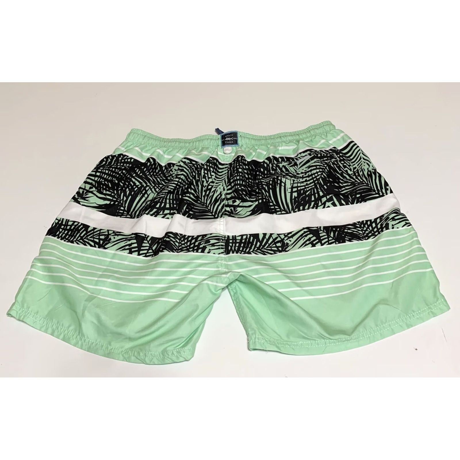 Vintage Spicy Tuna Swim Trunks Mens XL Above-the-Knee Green Palm Tree Netted Board Shorts Size US 36 / EU 52 - 2 Thumbnail