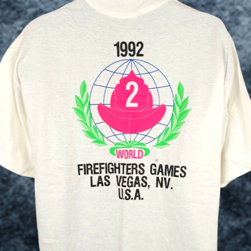Vintage VINTAGE All Sport T Shirt Mens 2XL White 90s 1992 Vegas Made In USA Firefighter Games Graphic Tee Short Sleeve Crew Neck Size US XXL / EU 58 / 5 - 1 Thumbnail