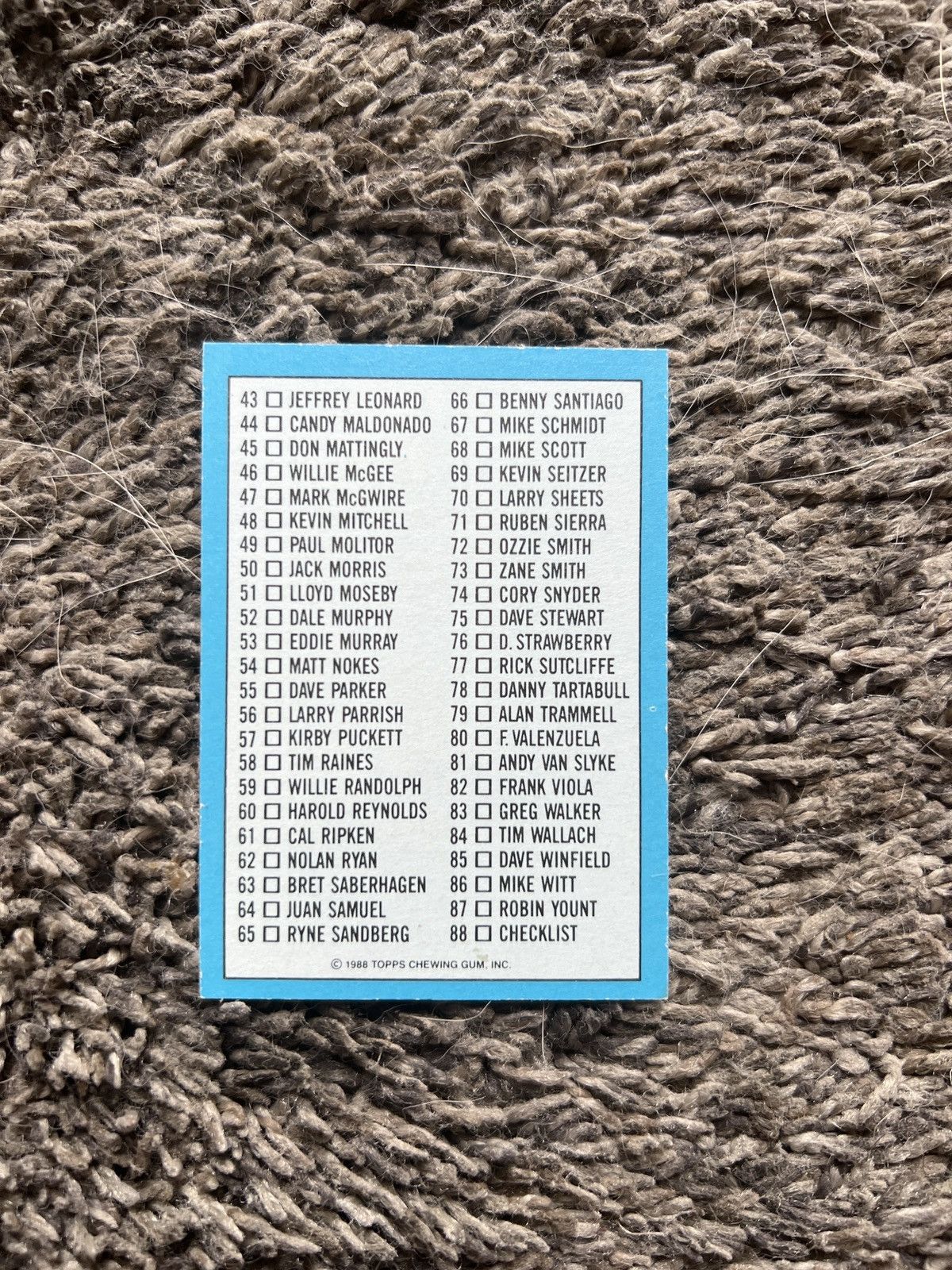 MLB 1988 Topps Baseball Checklist Card Size ONE SIZE - 2 Thumbnail