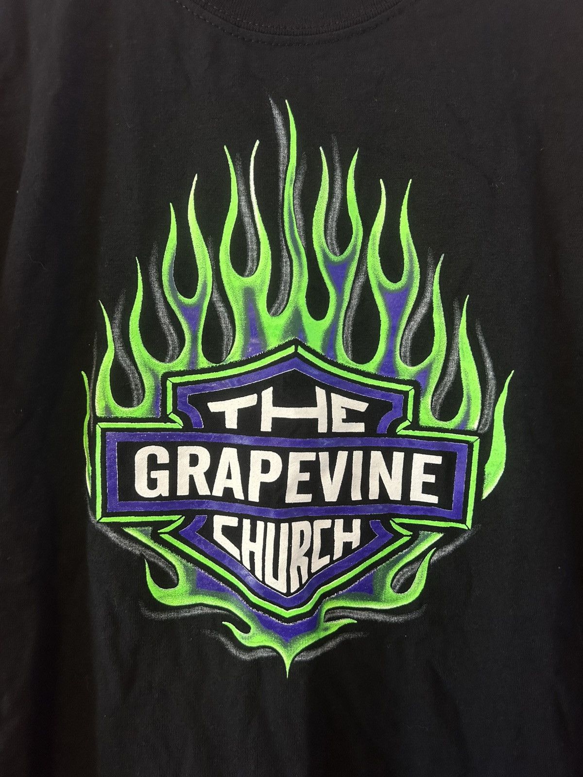 Harley Davidson HD Spoof The Grapevine Church Green Flame Graphic Tshirt Size US M / EU 48-50 / 2 - 2 Thumbnail