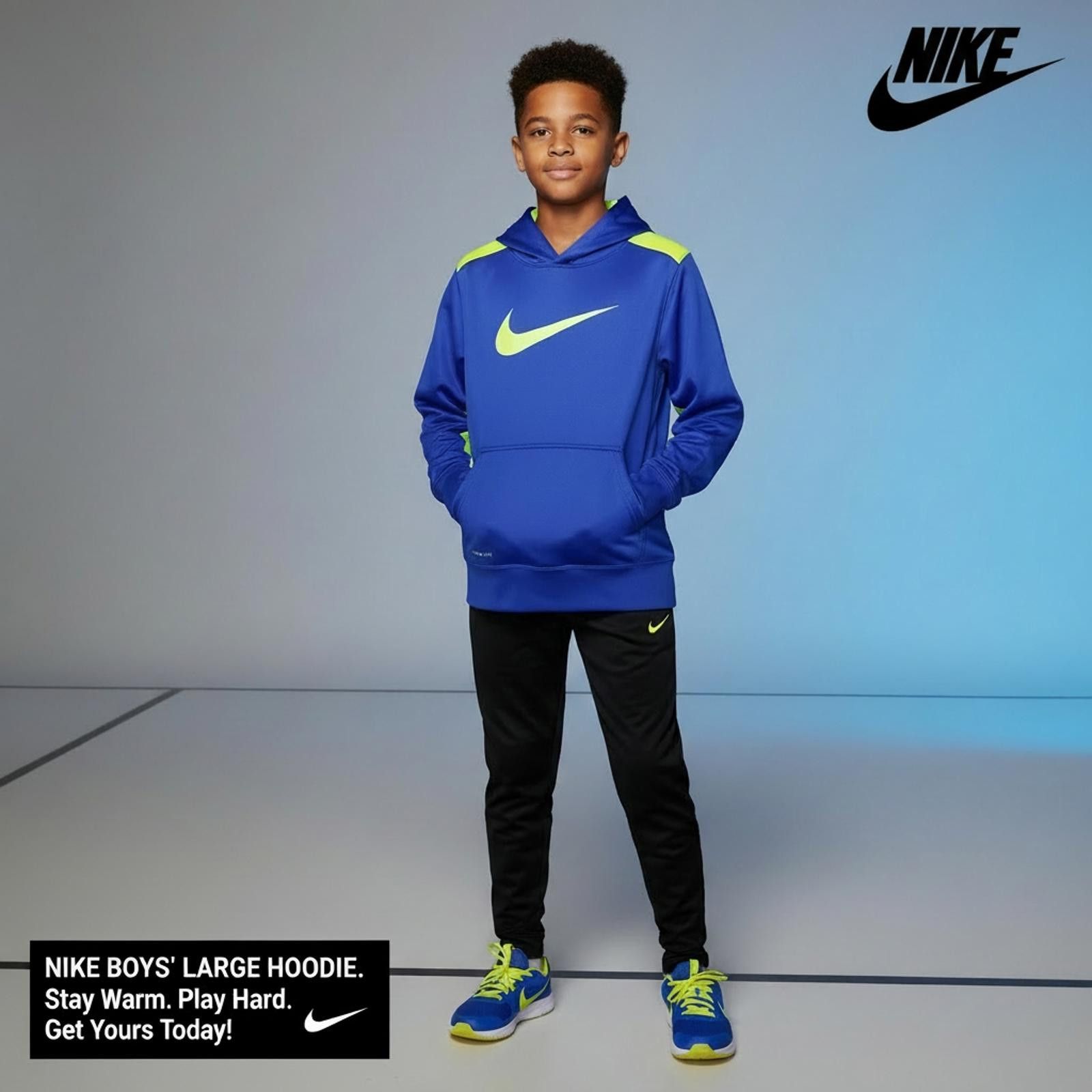 Nike Nike Boys' Large Blue and Neon Green Hoodie Size US L / EU 52-54 / 3 - 1 Thumbnail