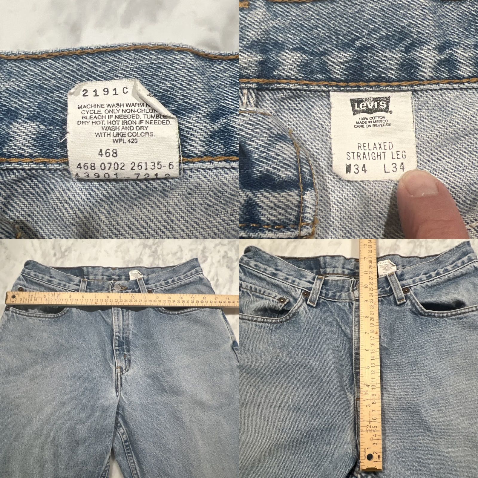 Levi's VINTAGE Levis 468 Jeans Mens 34x34 Relaxed Straight Leg Blue Cotton Mexico 5-Pocket Denim 90s USA Rock Mens Size US 34 / EU 50 - 9 Thumbnail