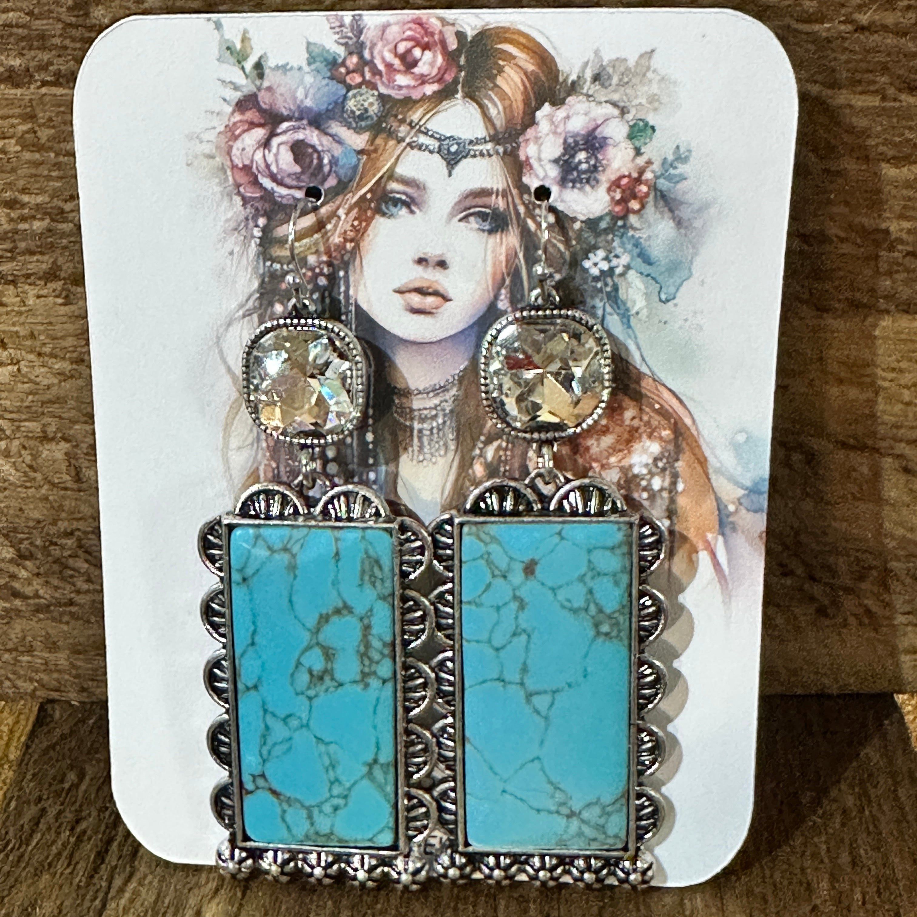Other Boho Turquoise Elegance: Crystal-Studded Rectangle Earrings, Size ONE SIZE - 2 Thumbnail