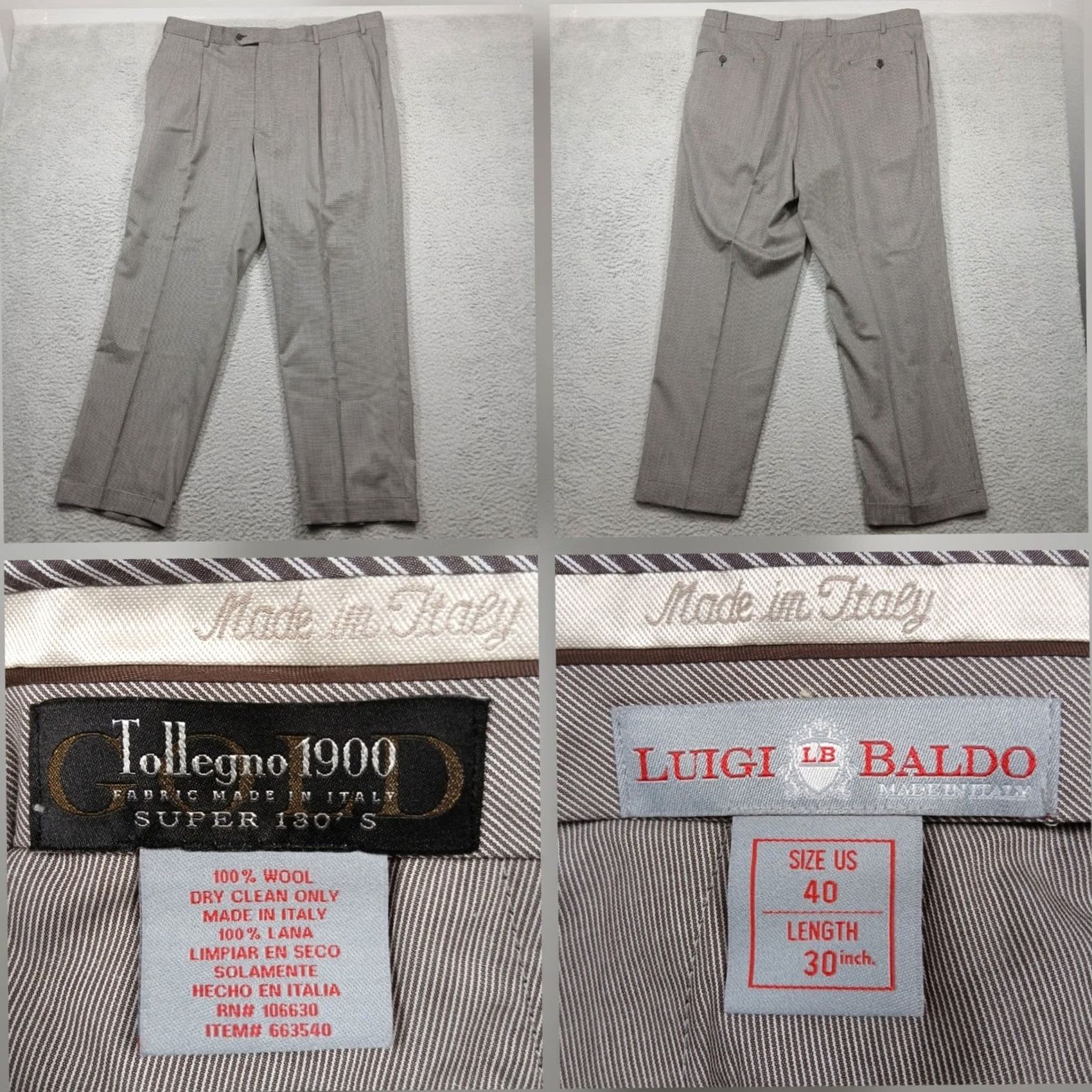 Vintage Luigi Baldo Dress Pants Mens 40x30 Gray Super 130s Wool Houndstooth Flat Front Pleated Classic Fit Button Zip Back Pockets Italy Size US 40 / EU 56 - 2 Thumbnail