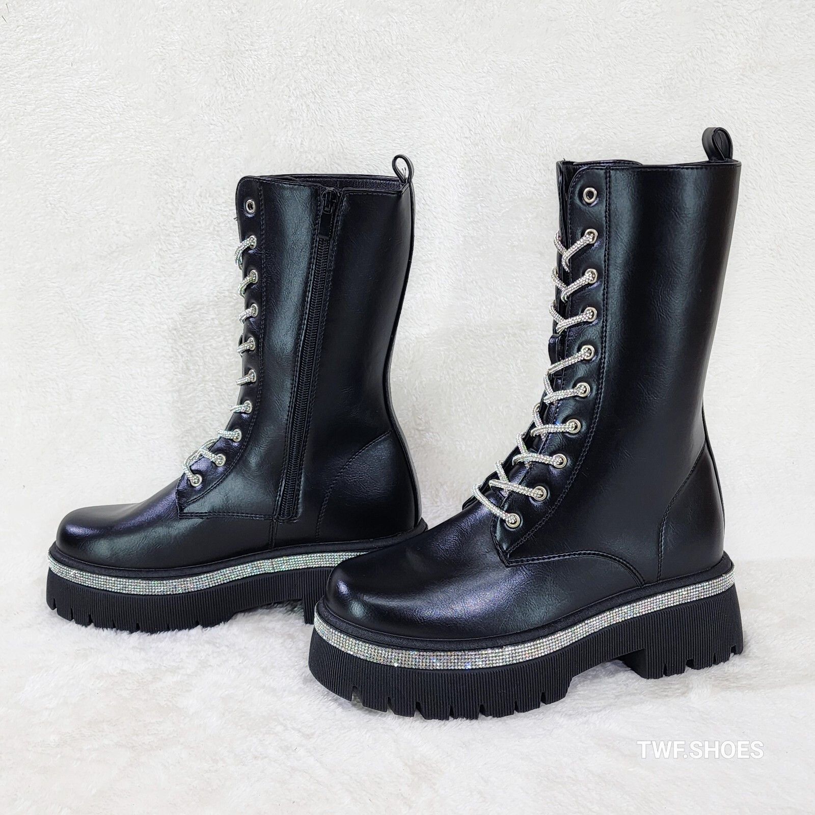 Other Combat Sparkle Mid Calf Rhinstone Platform & Laces Biker Gla Size US 10 / IT 40 - 3 Thumbnail