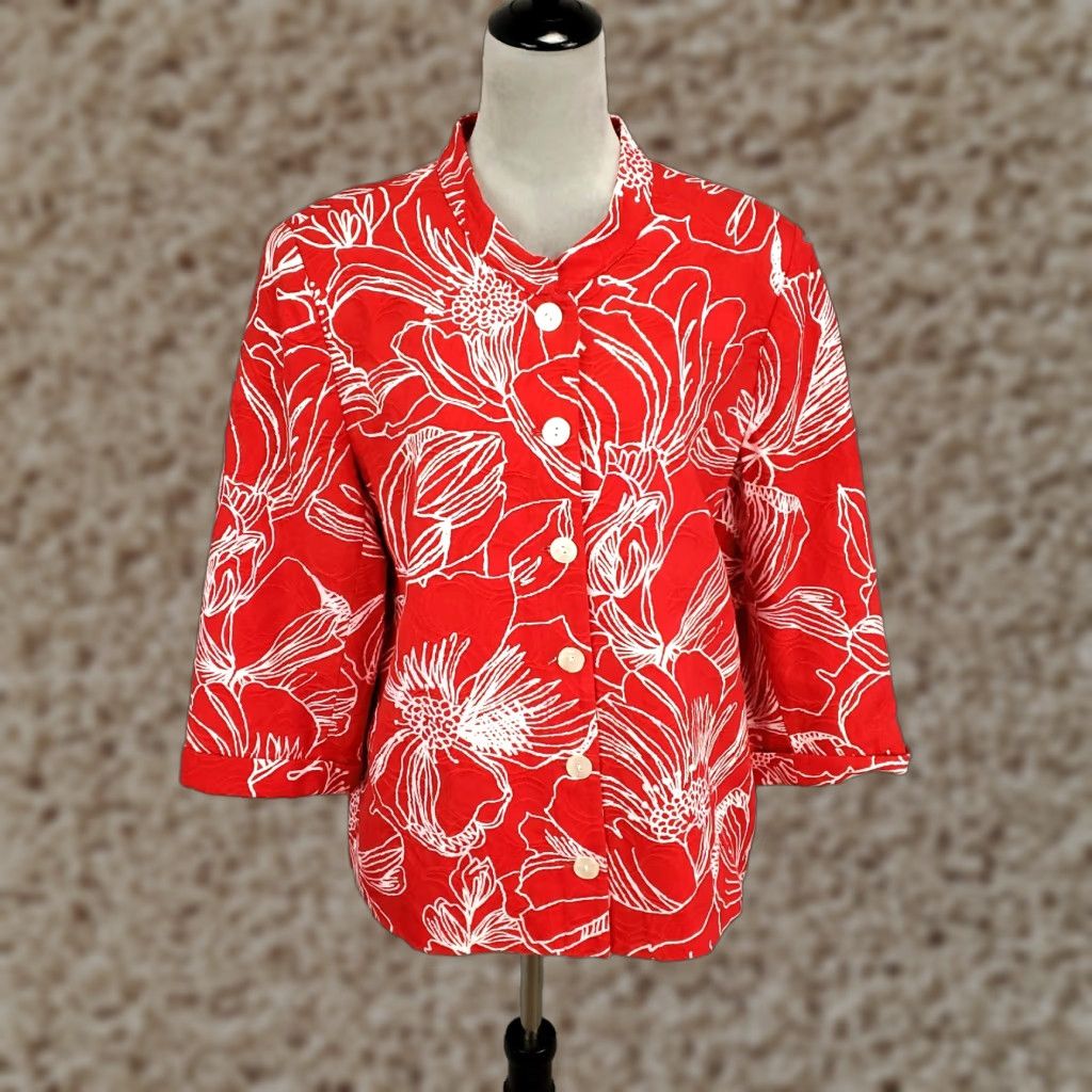 Vintage Susan Graver Jacket Womens XL Red White Button Up Lined Artsy Flowers Line Art Size XL / US 12-14 / IT 48-50 - 1 Thumbnail