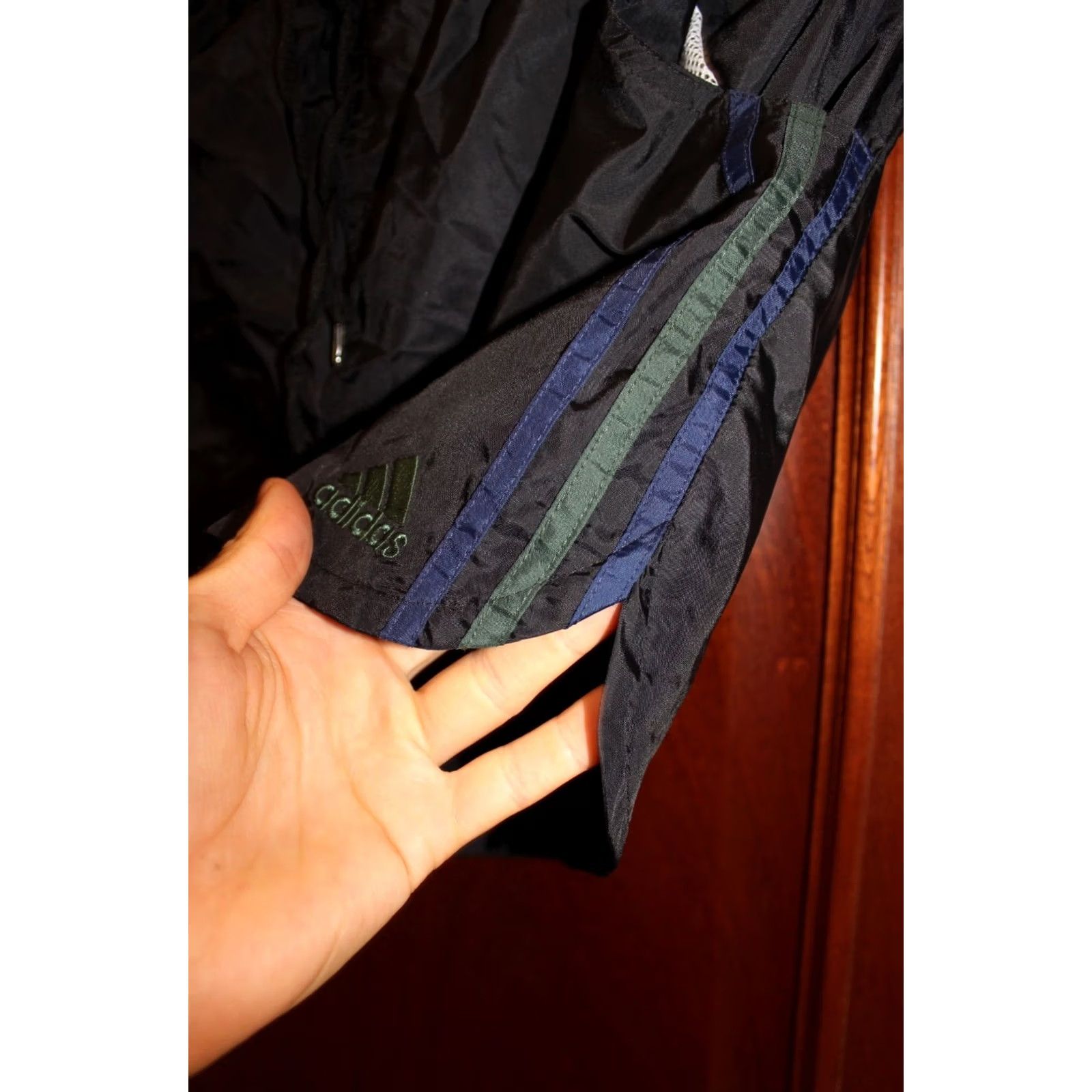 Adidas VINTAGE Adidas black+green/blue stripes Nylon Running shorts S Mens 1990s Size US 29 - 4 Thumbnail