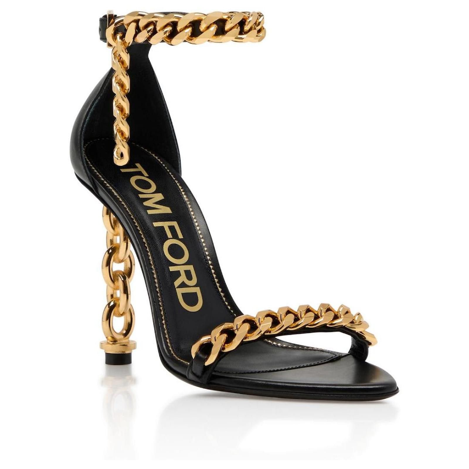 Tom Ford o1loc1c0325 W3070T Chain Heel 105MM Sandals in Black/Gold Size US 7 / IT 37 - 4 Thumbnail