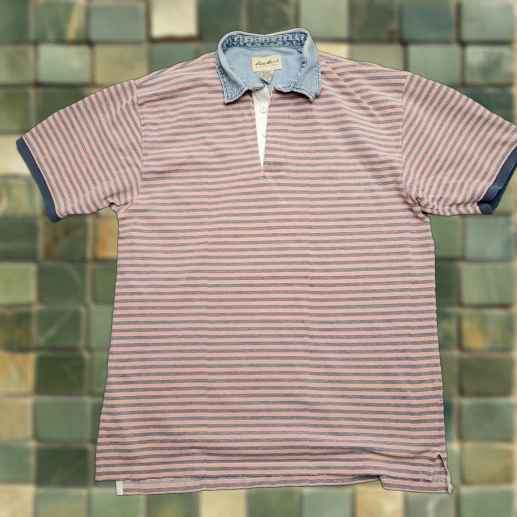 Eddie Bauer VTG Eddie Bauer Shirt Mens XL Pink Striped Rugby Rubber Button Denim Collar Polo Size US XL / EU 56 / 4 - 1 Thumbnail