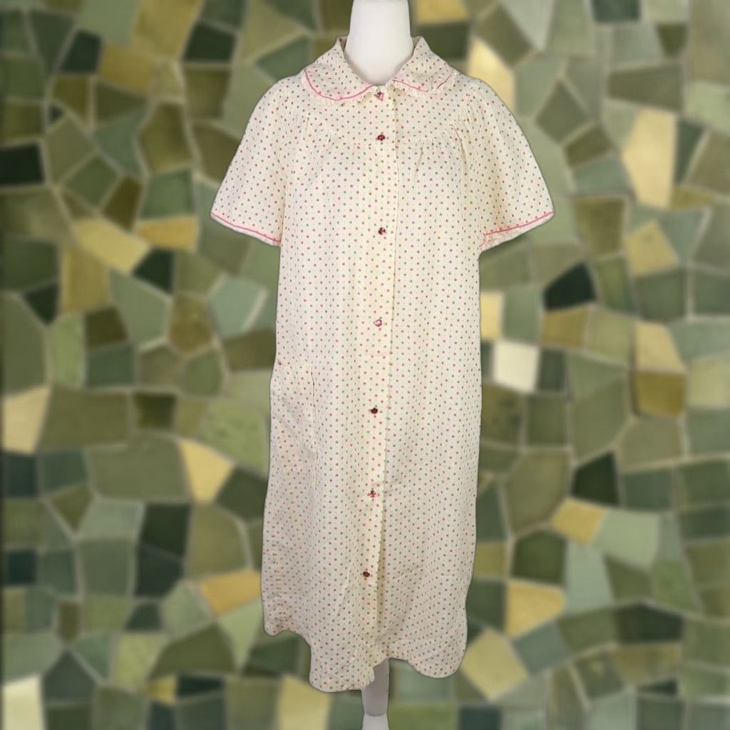 VINTAGE 70s cream and pink ditsy floral house dress nighty M Dress Women Cotton Polyester Short Sleeve Bohemian Vintage