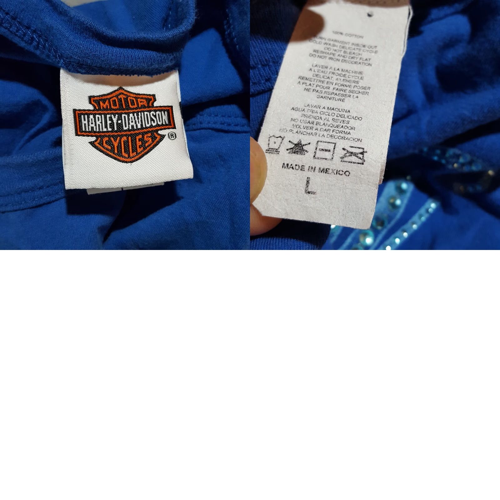 Harley Davidson VINTAGE Harley-Davidson Rhinestone Motorcycles Women's T-Shirt L Blue Casual Short Sleeve 90s Biker Retro Size L / US 10 / IT 46 - 8 Thumbnail