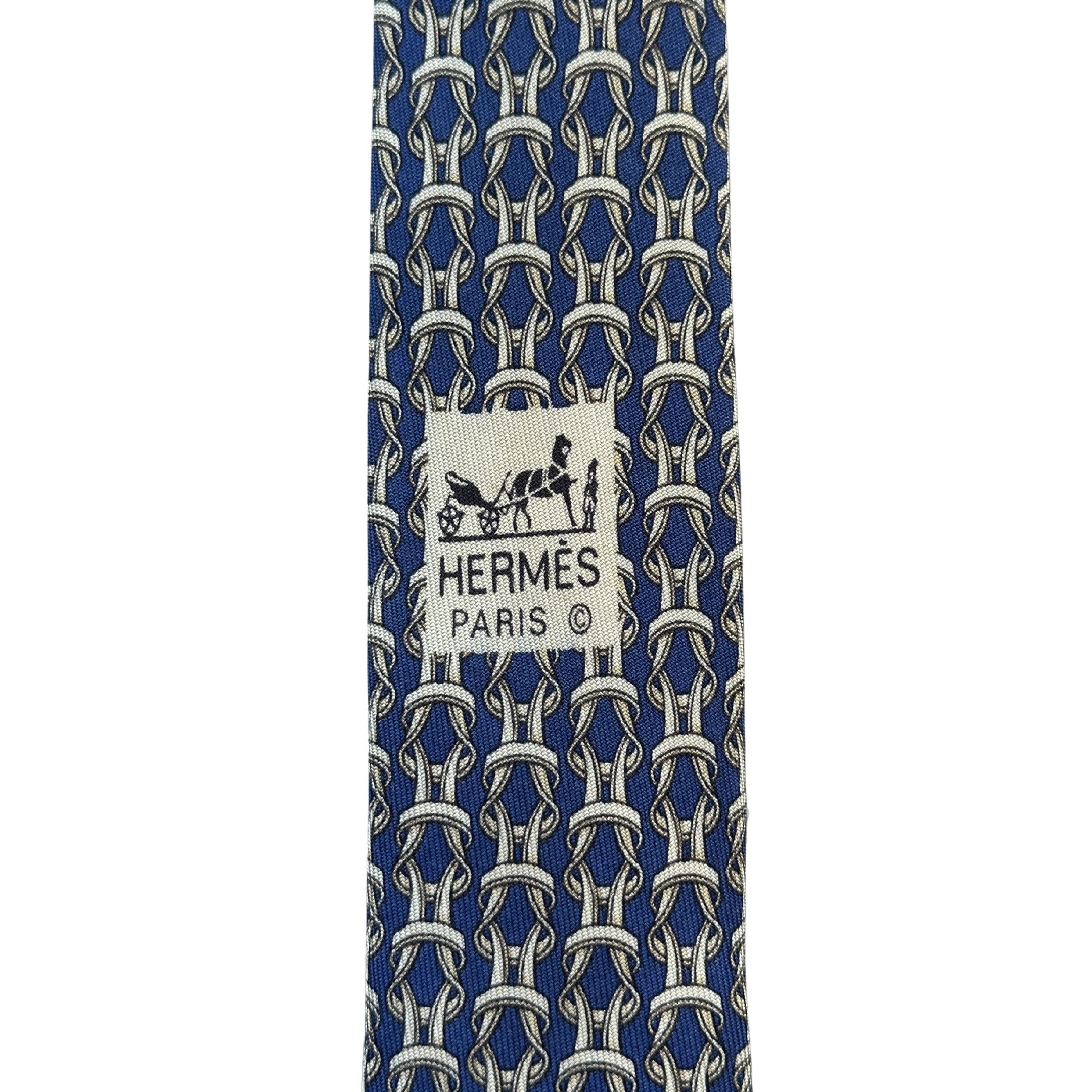 Hermes Tie Silk Chain Link Yellow on Dark Blue Size ONE SIZE - 4 Thumbnail