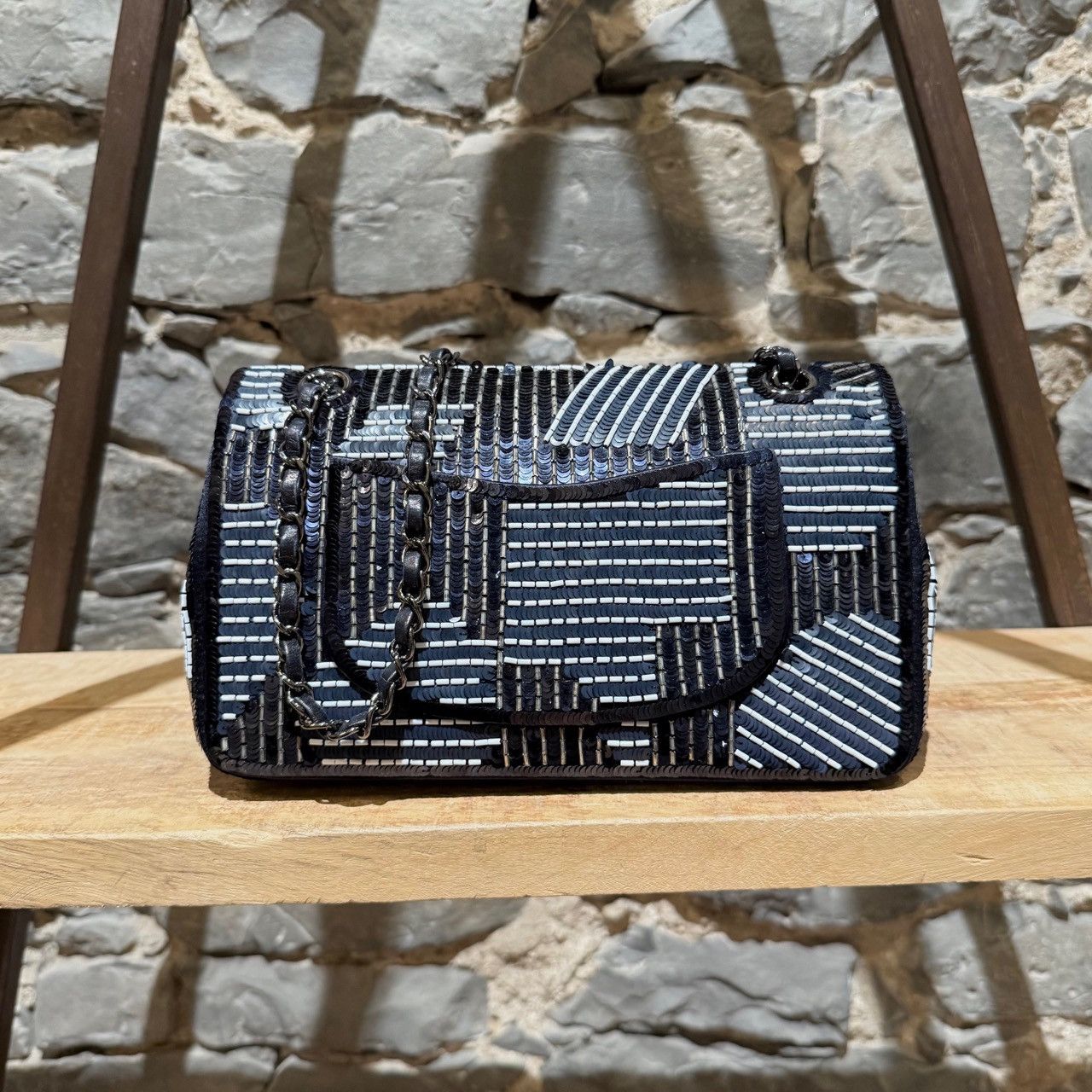 Chanel Chanel Navy Blue Satin Sequin Beaded Medium Double Flap Bag Size ONE SIZE - 4 Thumbnail