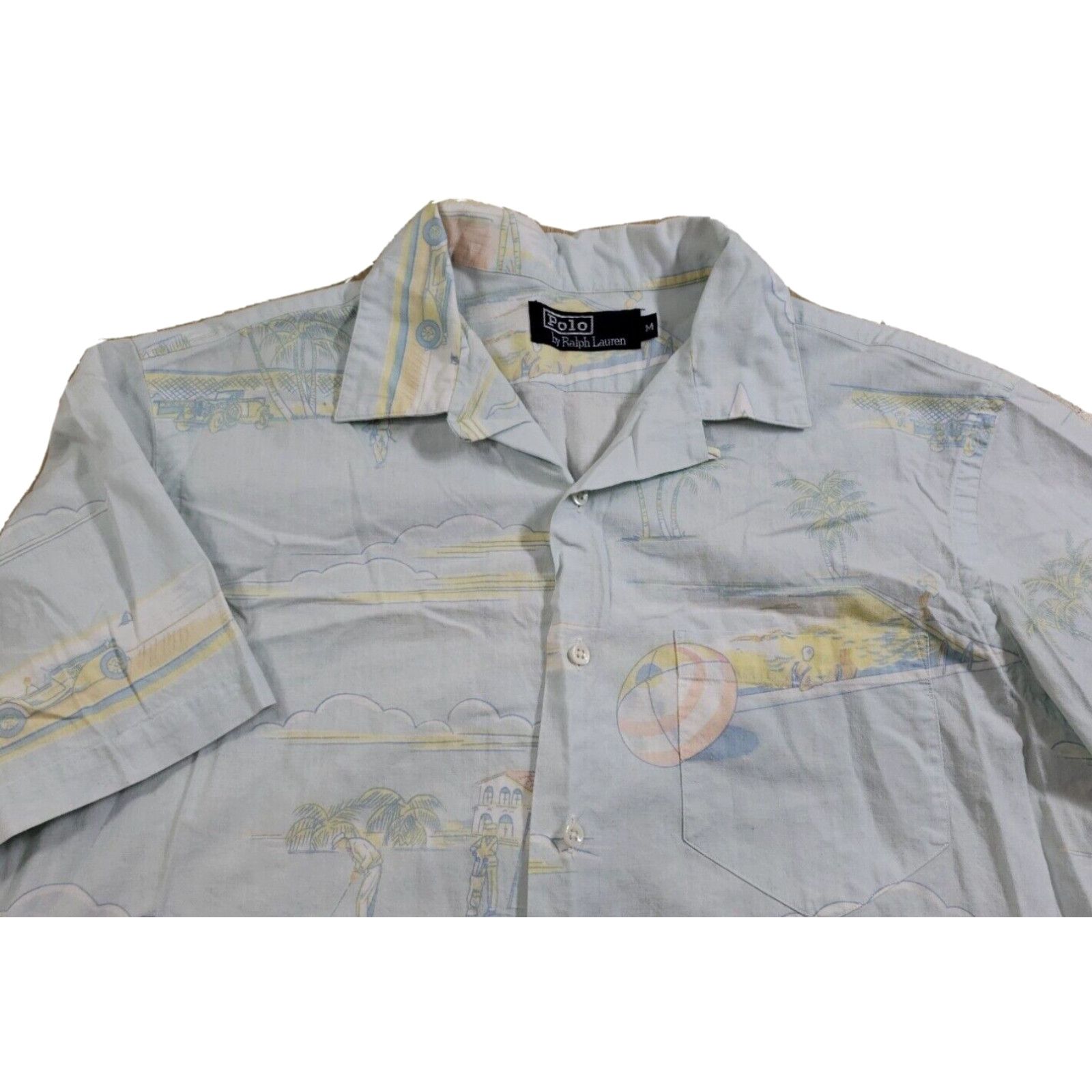 image of VTG Polo Ralph Laurent Hawaiian Camp Shirt Riviera Golf Sailing Cars Roaring 20's in White (Size Me