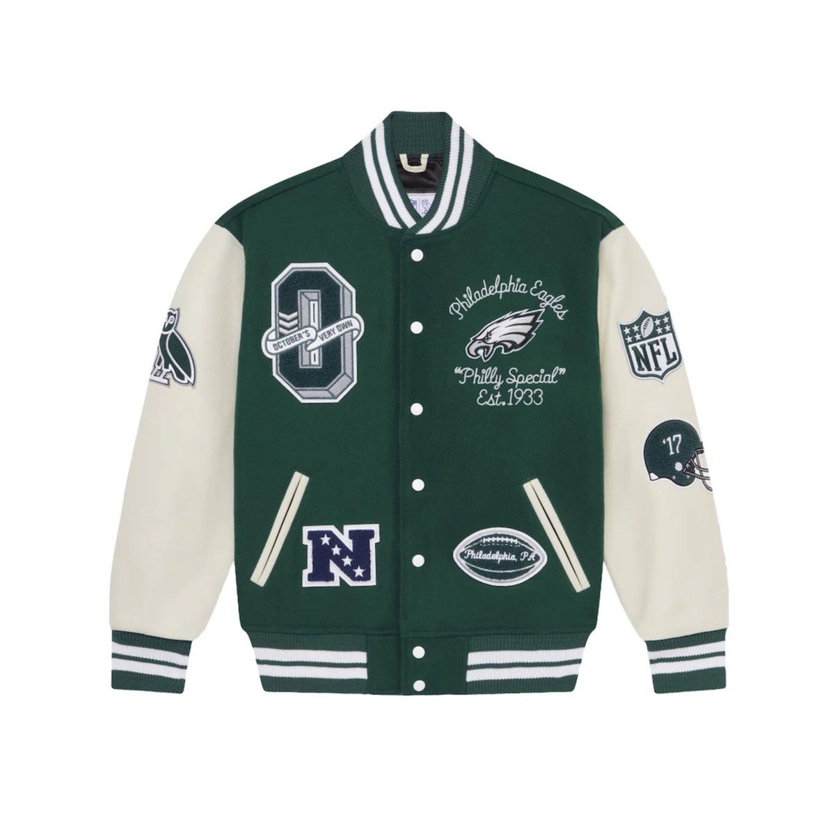 image of Drake x Octobers Very Own Ovo X Nfl - Philadelphia Eagles Varsity Jacket in Green, Men's (Size XL)