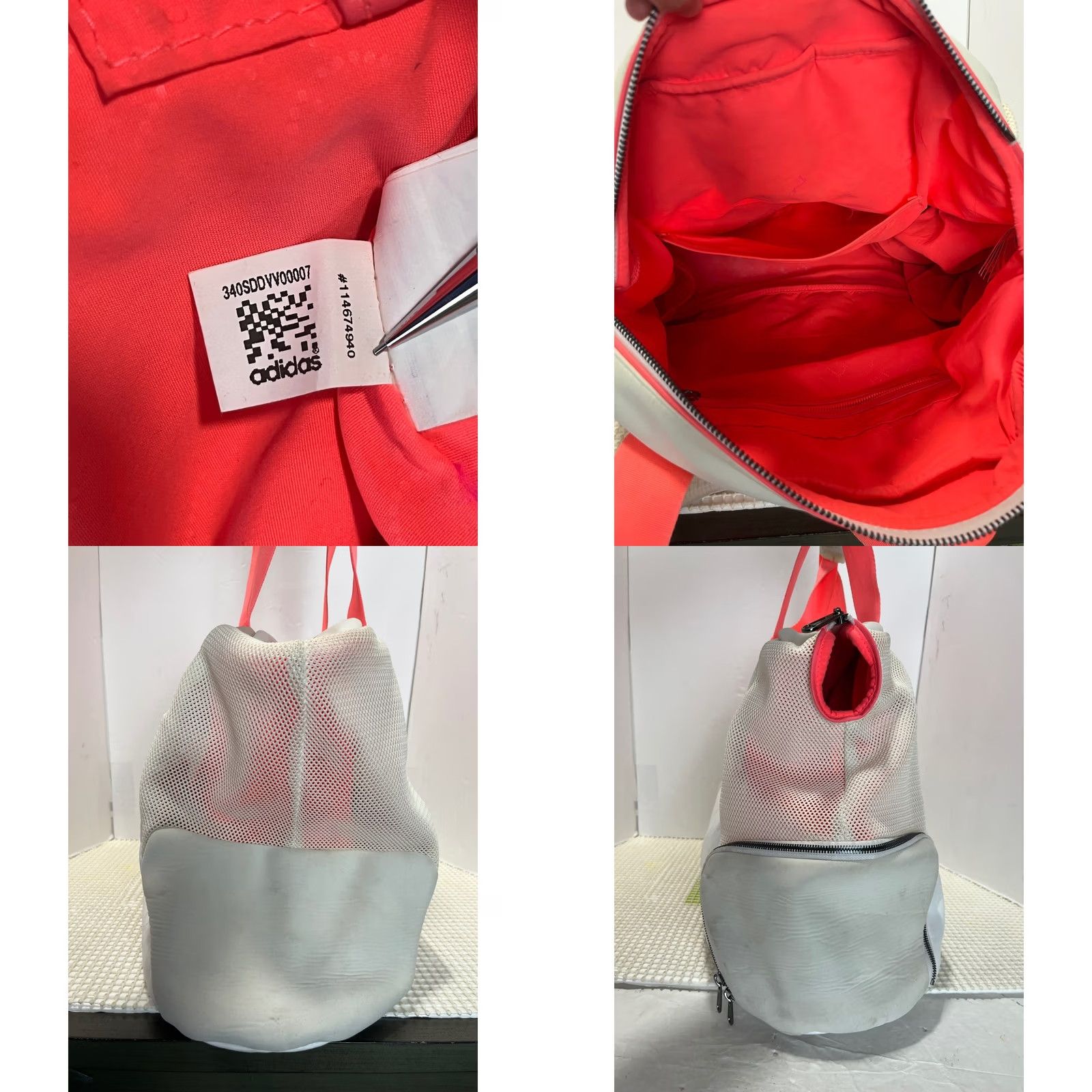 Stella McCartney Adidas by Stella McCartney Gym Bag Large White Tan Neon Coral Mesh Duffel AX8257 Womens Size ONE SIZE - 8 Thumbnail