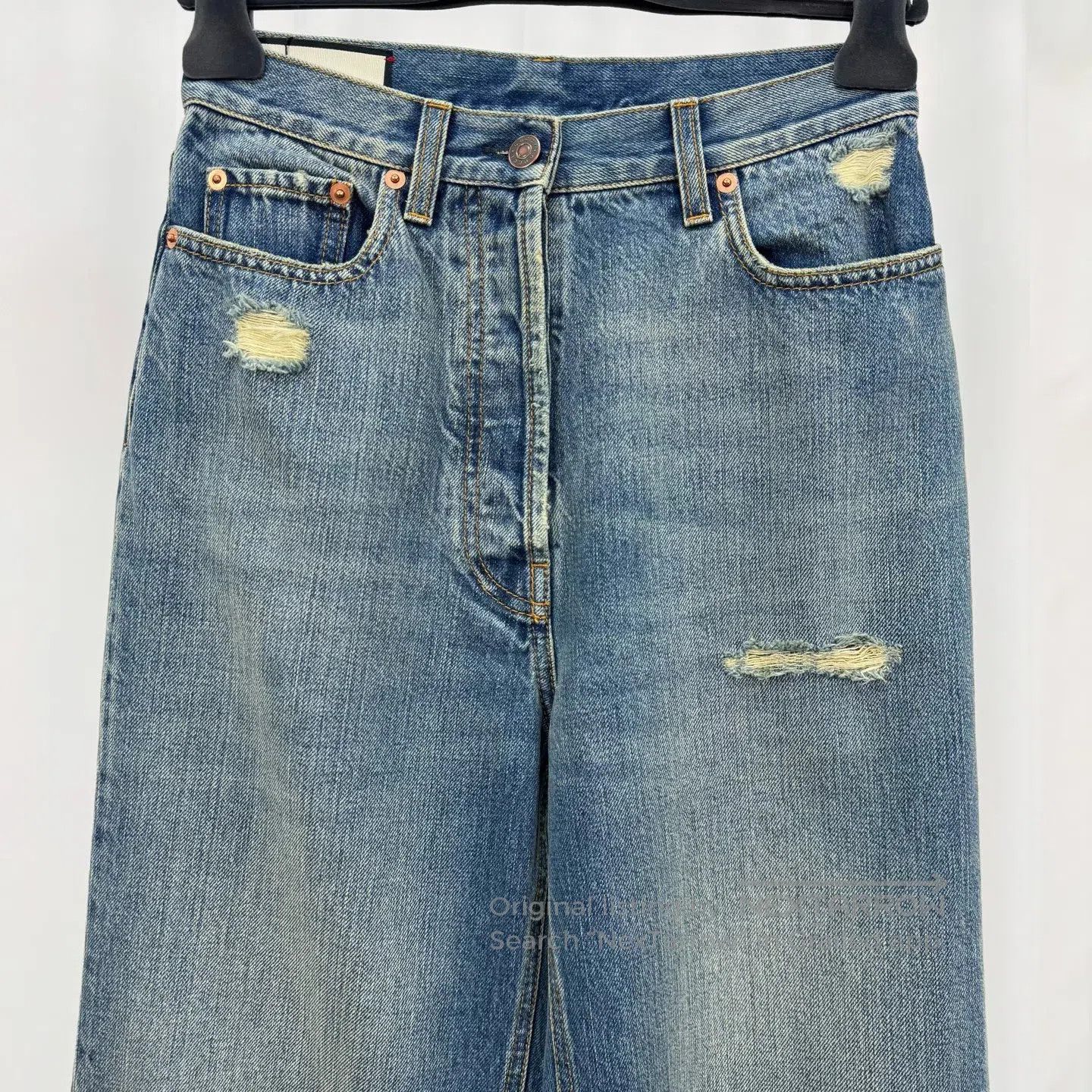 Gucci Guicci Ripped Leather Patch Washed Jeans| Size 22" - 3 Thumbnail