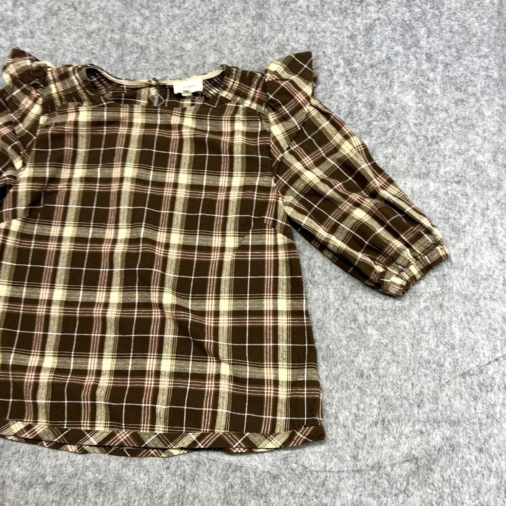 Vintage UMGEE Blouse Womens M Brown Plaid Tunic 3/4 Sleeve Cotton Top Ruffle Boho Shirt Size M / US 6-8 / IT 42-44 - 5 Thumbnail