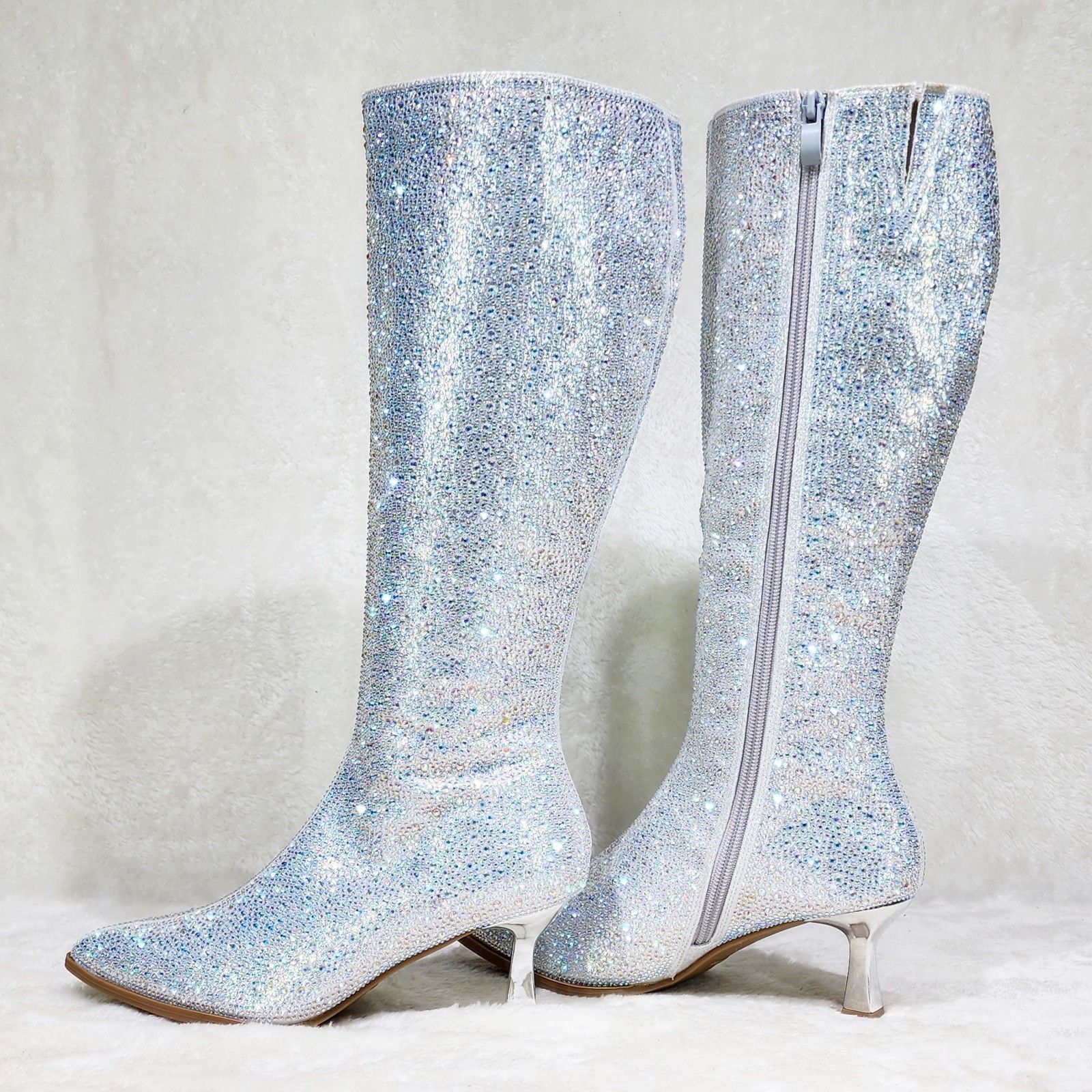 Other Silver Rhinestone Knee Boots 2.5" Kitten Heels Wide Friendly Size US 8 / IT 38 - 1 Thumbnail