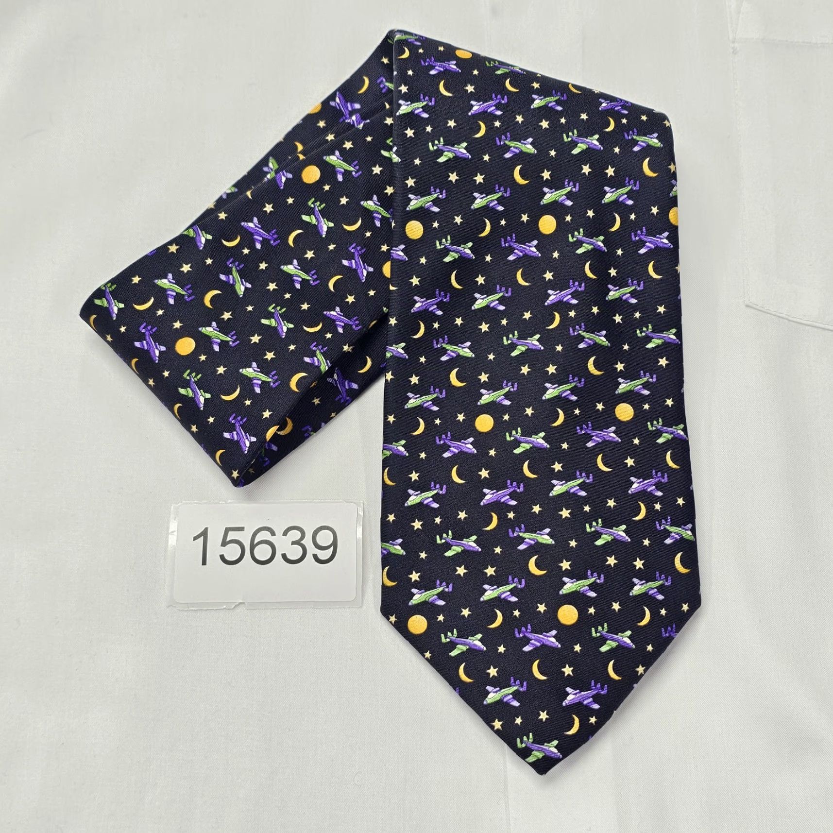 Robert Talbott Robert Talbott Silk Necktie Men's Airplane Black Purple Green Gold Moon Stars 58" X 4" Multicolor Night Sky Abstract Aerospace Designer Tie Mens Size ONE SIZE - 7 Thumbnail