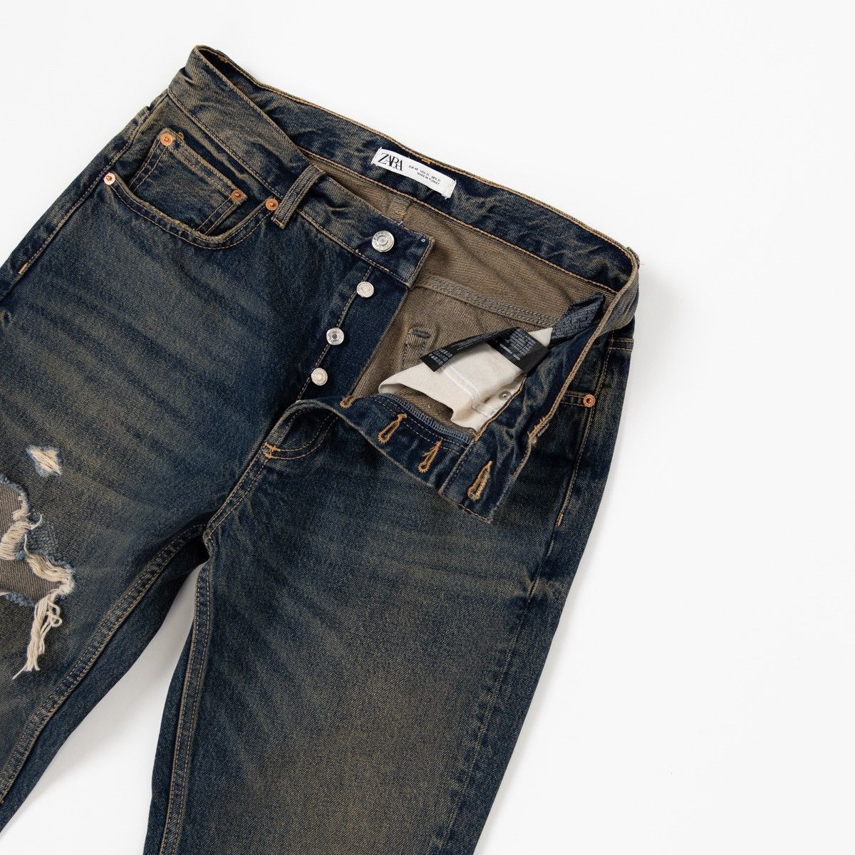 Zara Zara Man Distressed Dark Wash Blue Denim Jeans Button Fly Size US 31 - 3 Thumbnail