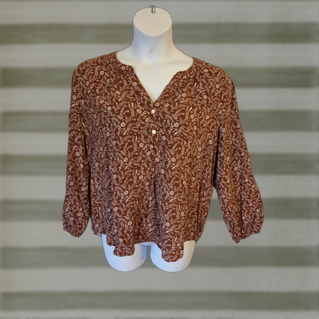 Old Navy Old Navy Blouse Shirt XL Terracotta Floral Print Bohemian Orange Rayon Long Sleeve Split Neck Womens Shirt Size XL / US 12-14 / IT 48-50 - 1 Thumbnail