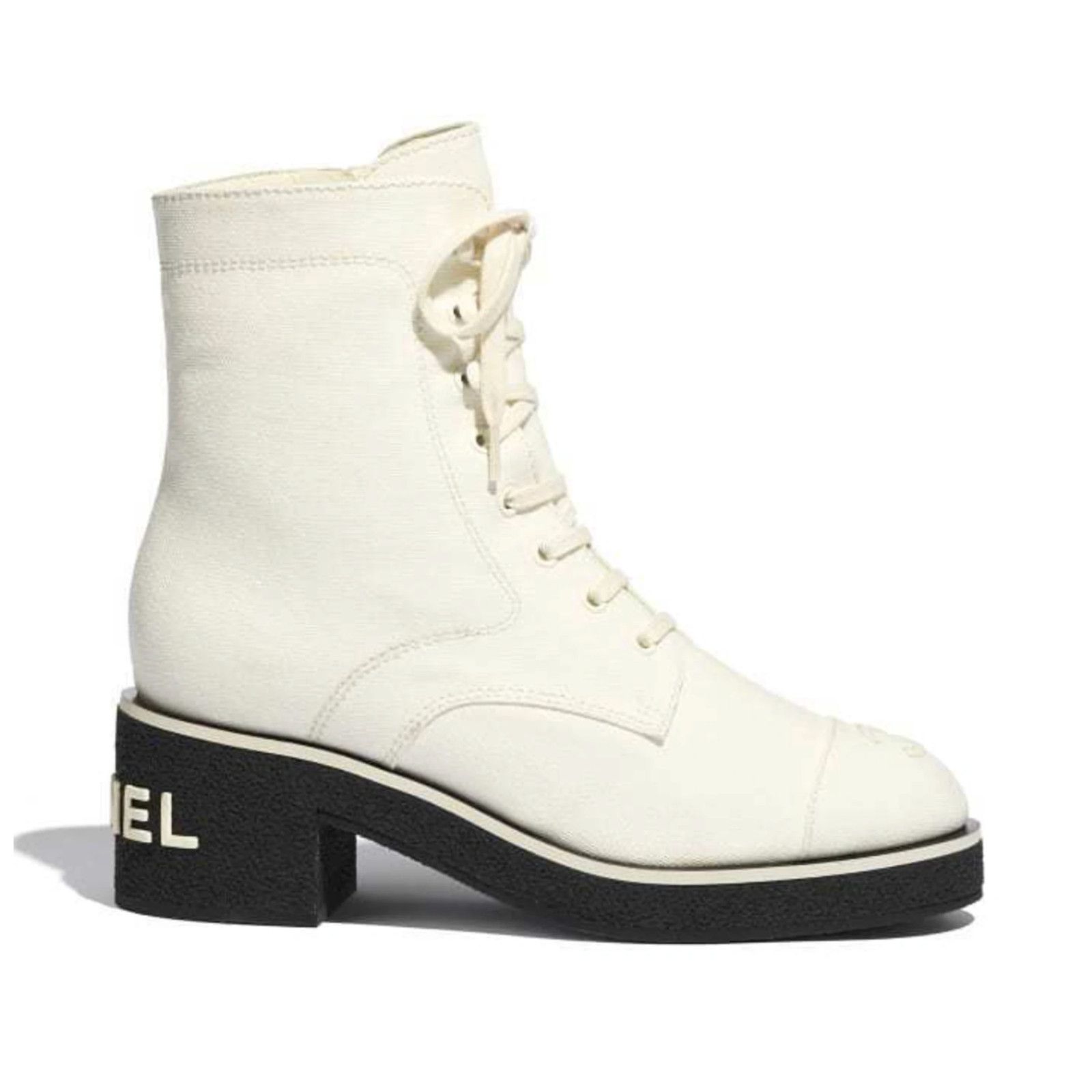Chanel Chanel 21C White Fabric CC Logo Combat Lace Up Tie Size US 9 / IT 39 - 1 Thumbnail