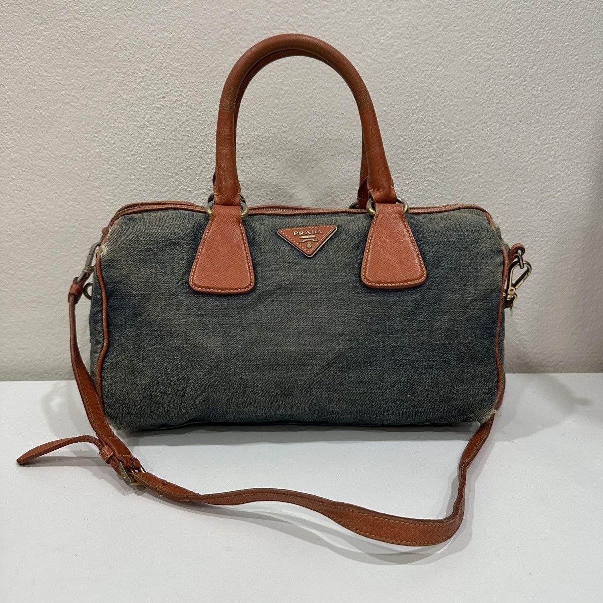 Prada PRADA DISTRESSED DENIM BAULETTO 2 WAY BOSTON BAG Size ONE SIZE - 2 Thumbnail